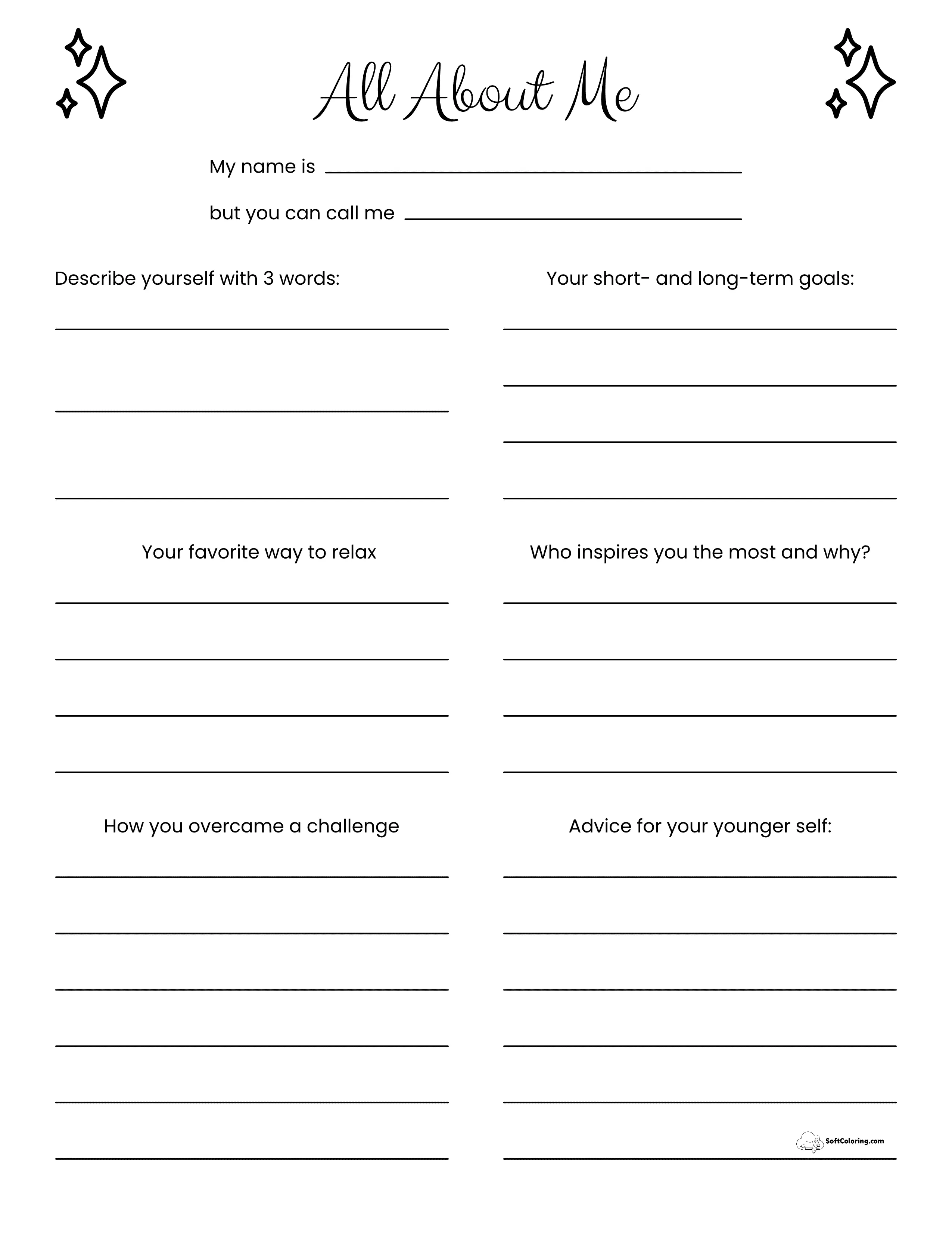 Minimalist All About Me Worksheet For Adults