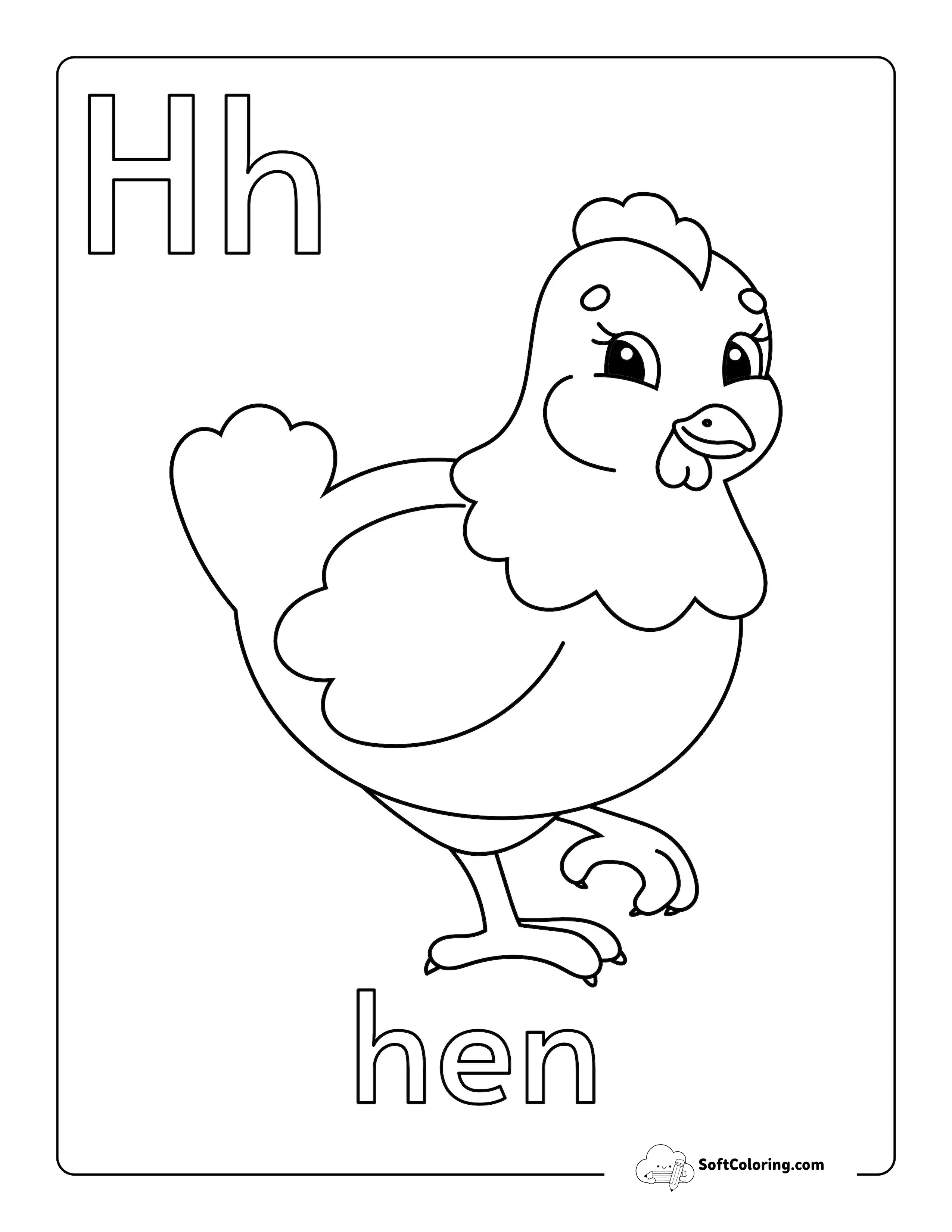 "H Is For Hen" Cute Coloring Sheet For Kids