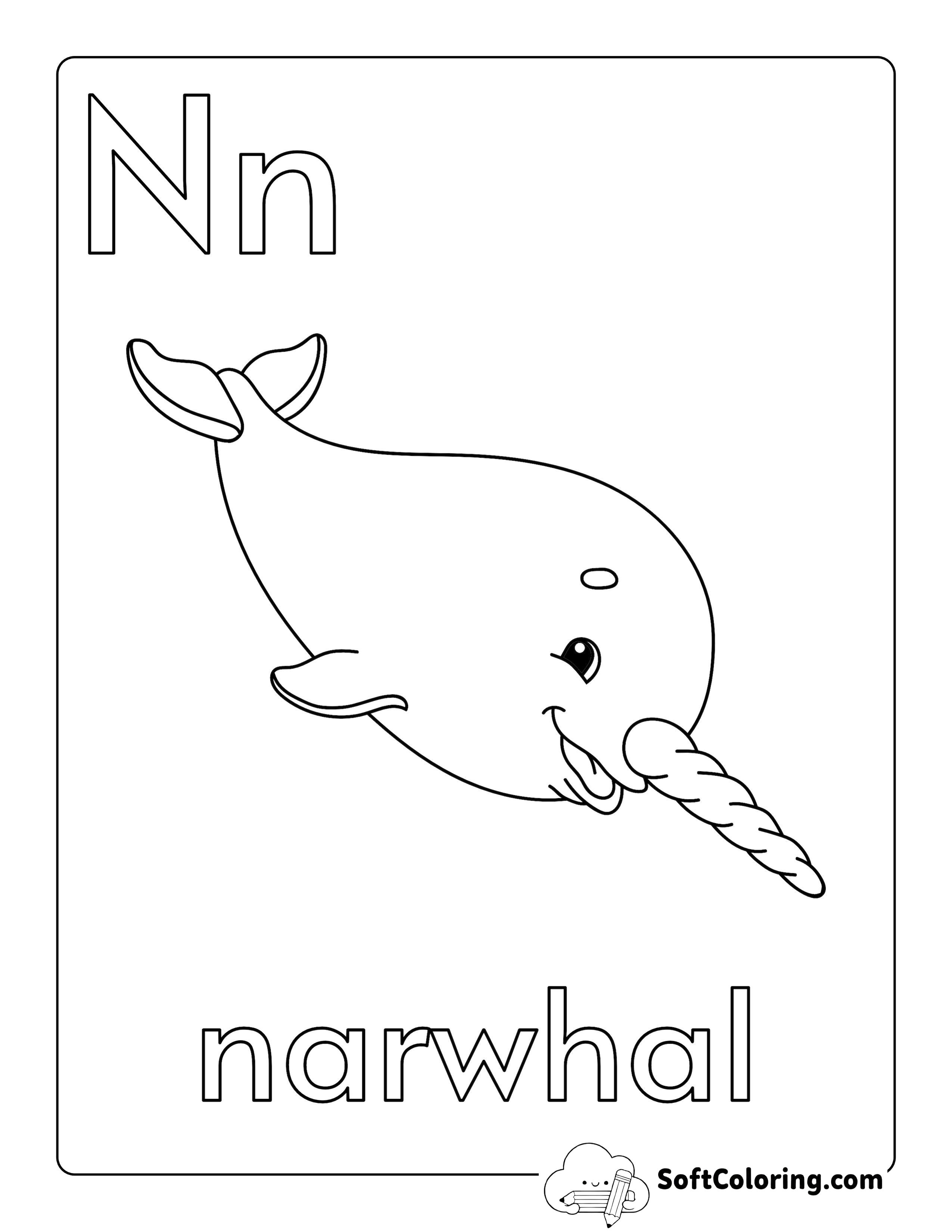 "N is for Narwhal" Whale Coloring Page