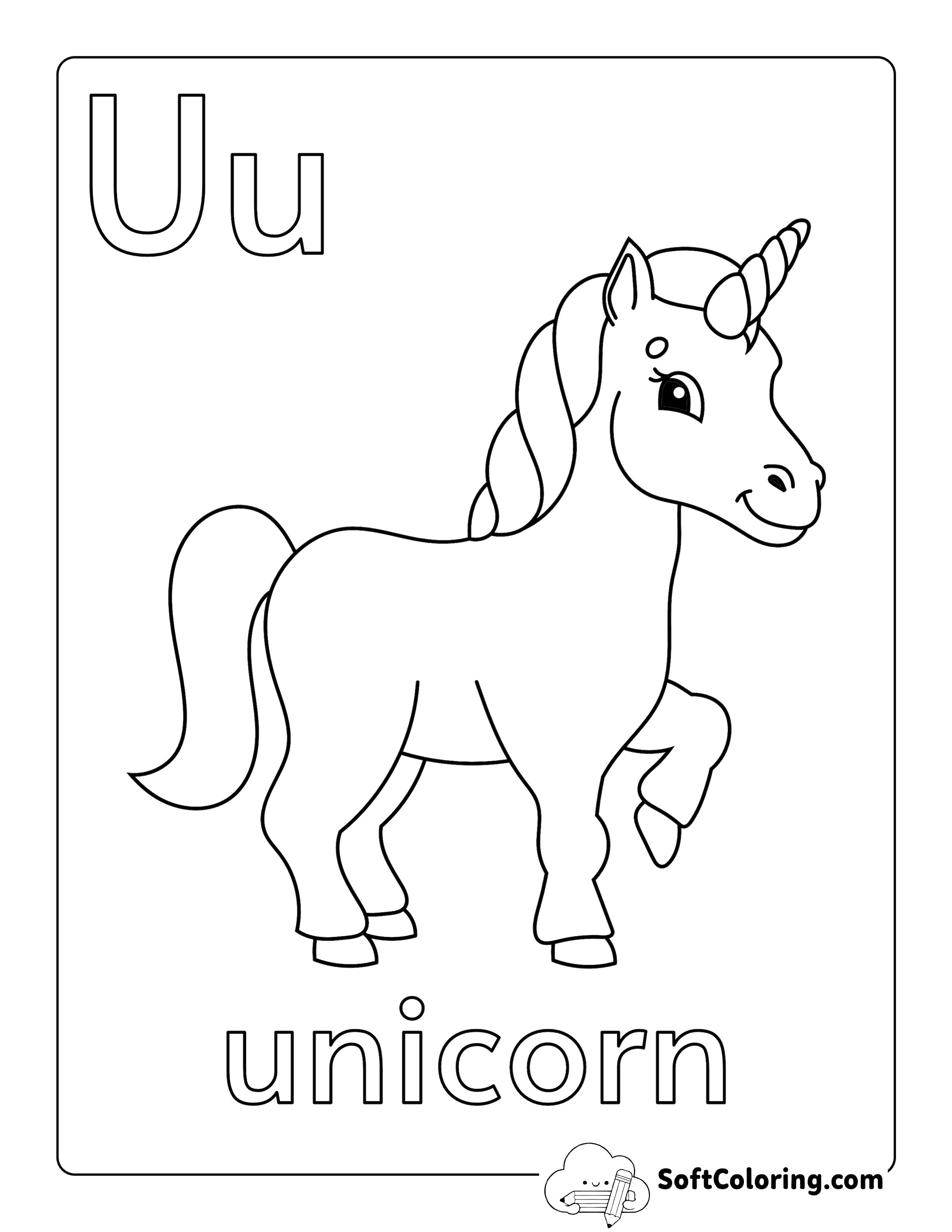 "U is for Unicorn" Coloring Page for Toddlers