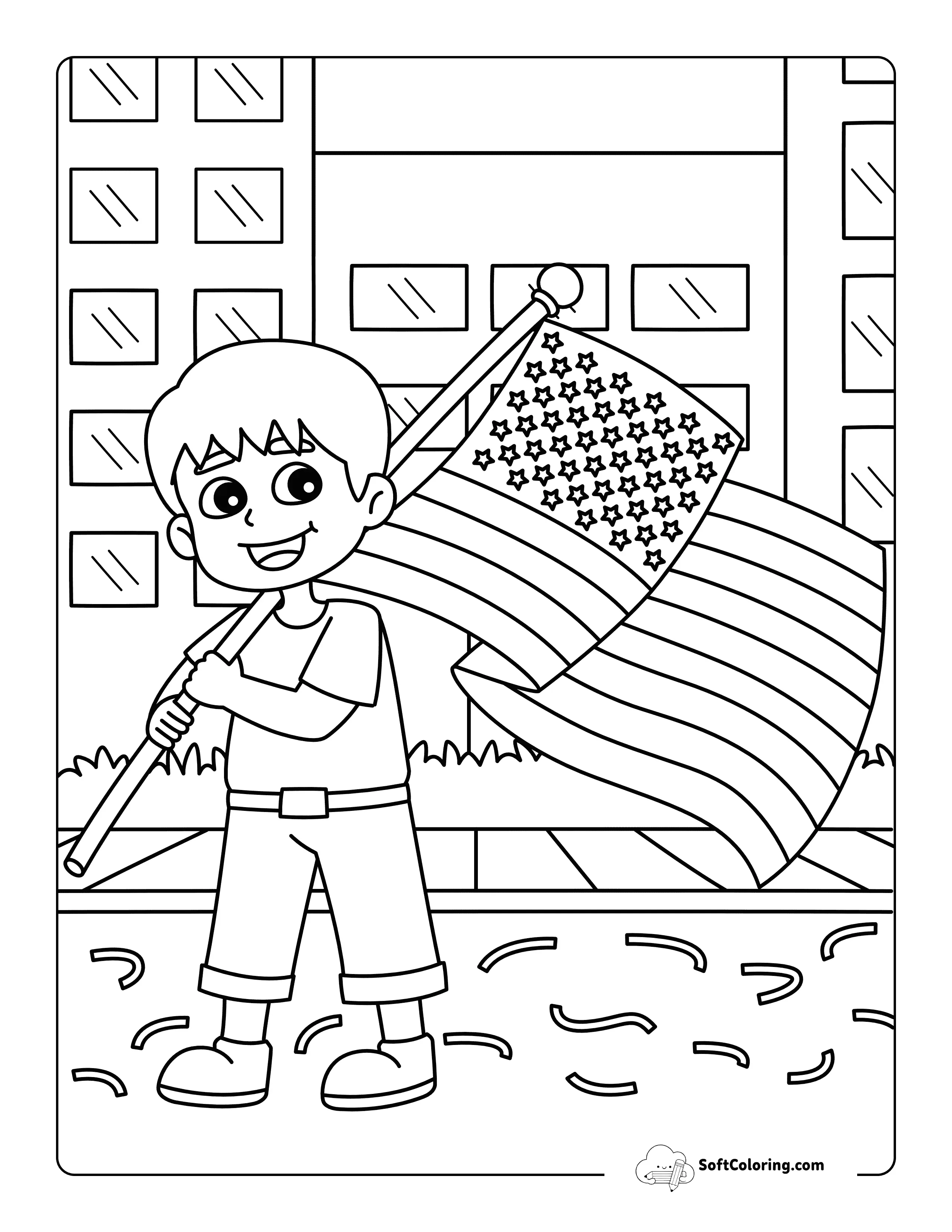Patriotic Boy Carrying An American Flag For 4Th Of July EasyColoring Page