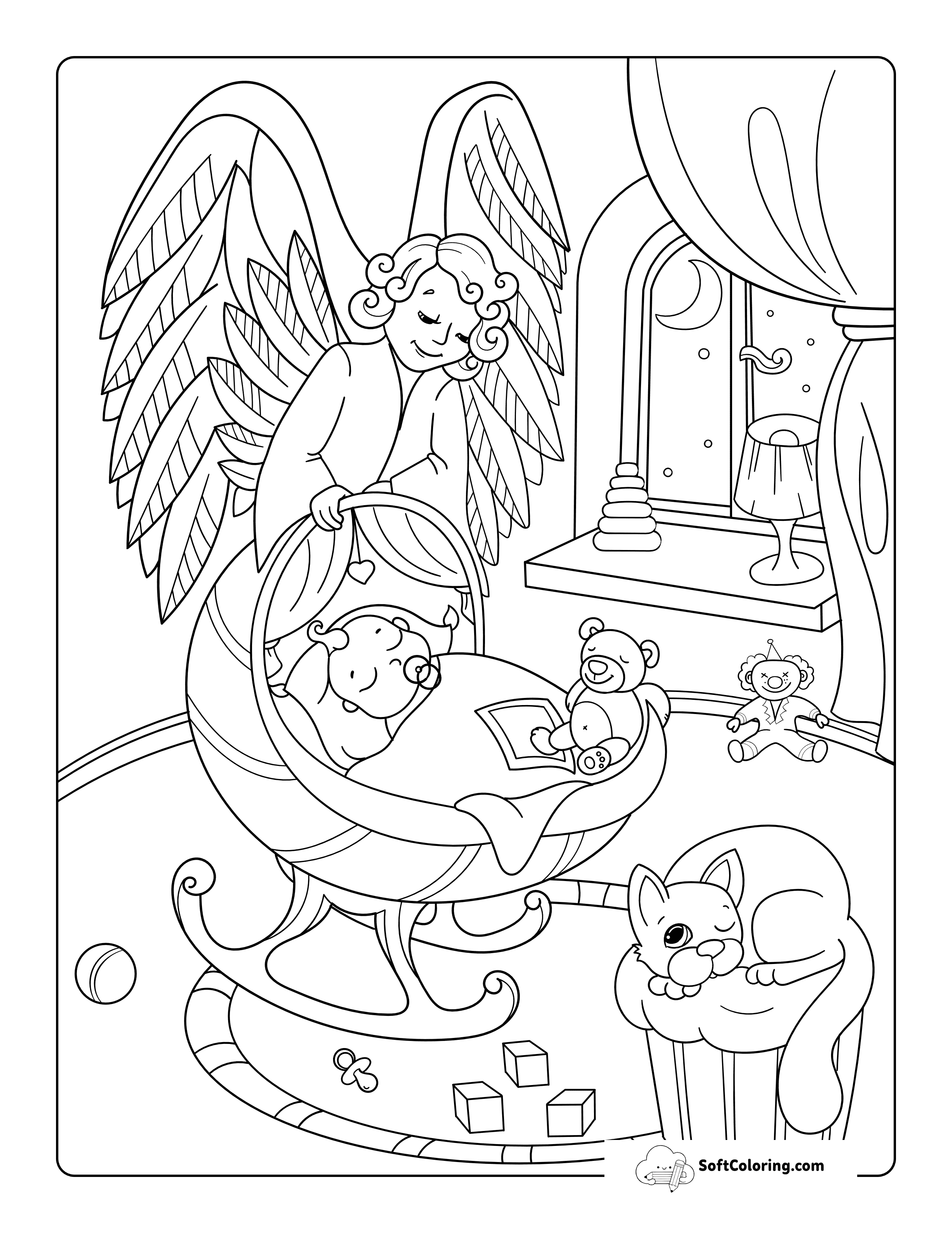 Guardian Angel Protecting Sleeping Baby - Peaceful Coloring Page