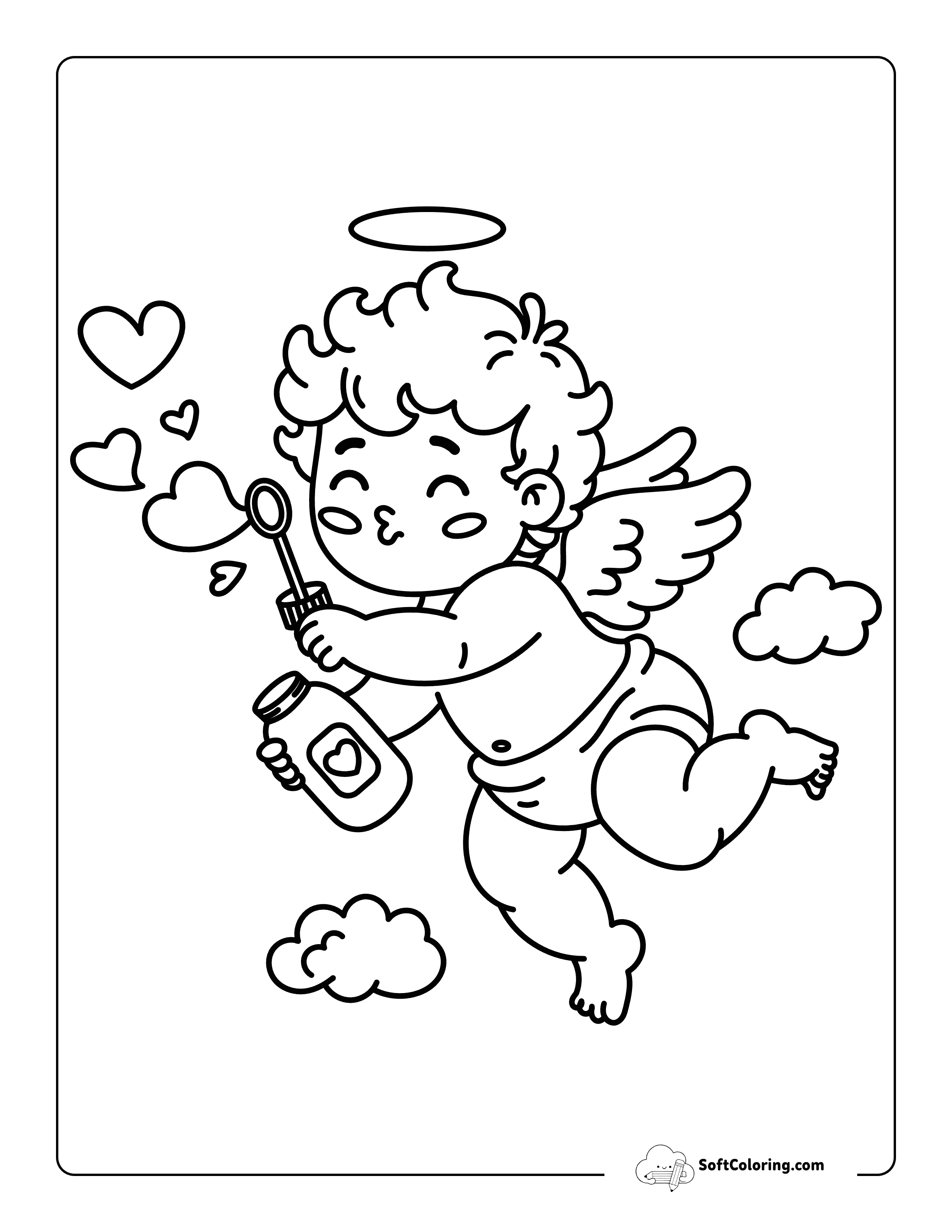 Easy Kawaii Cupid Blowing Bubbles - Coloring Page For Kids