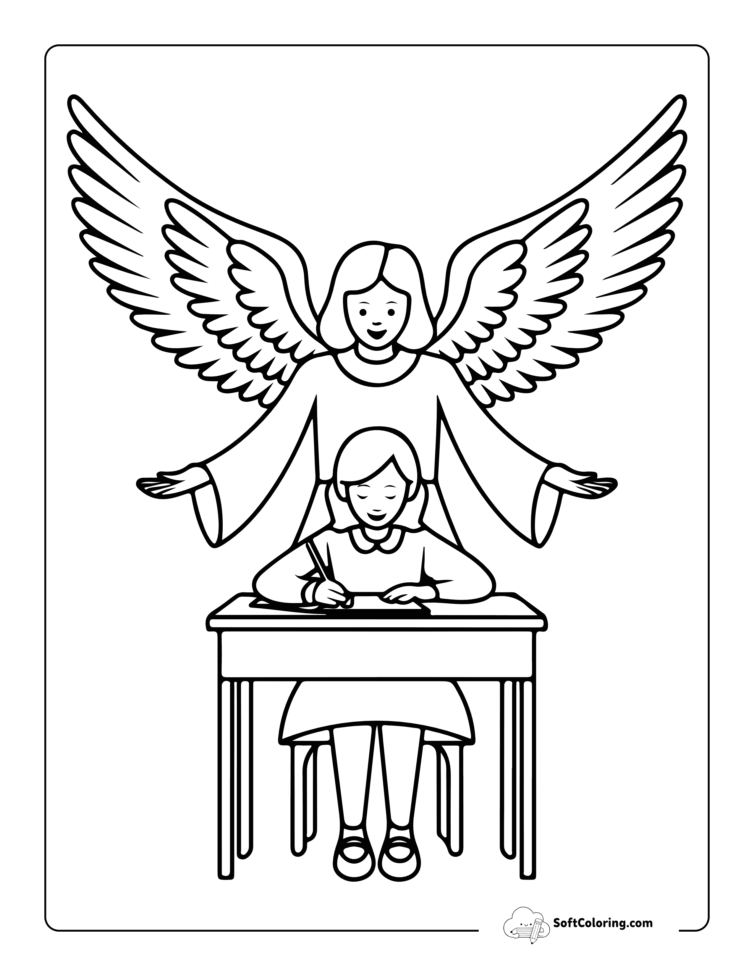 Easy Guardian Angel Coloring Page - Watching Over Student