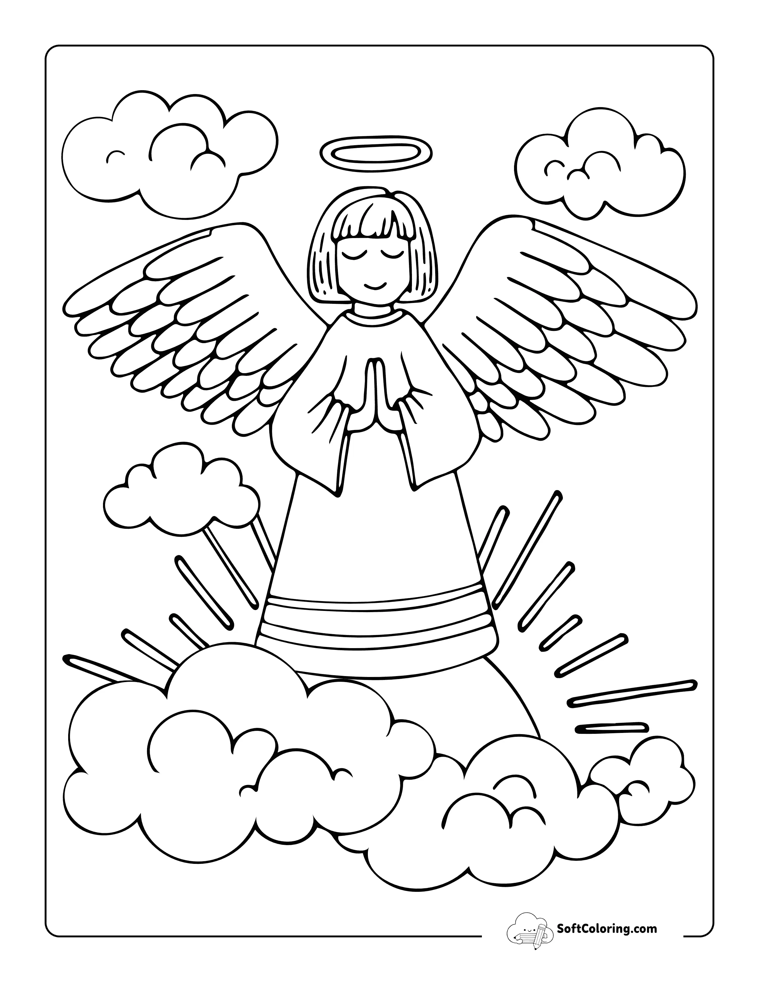 Praying Angel Drawing In Clouds - Simple Coloring Page For Kids