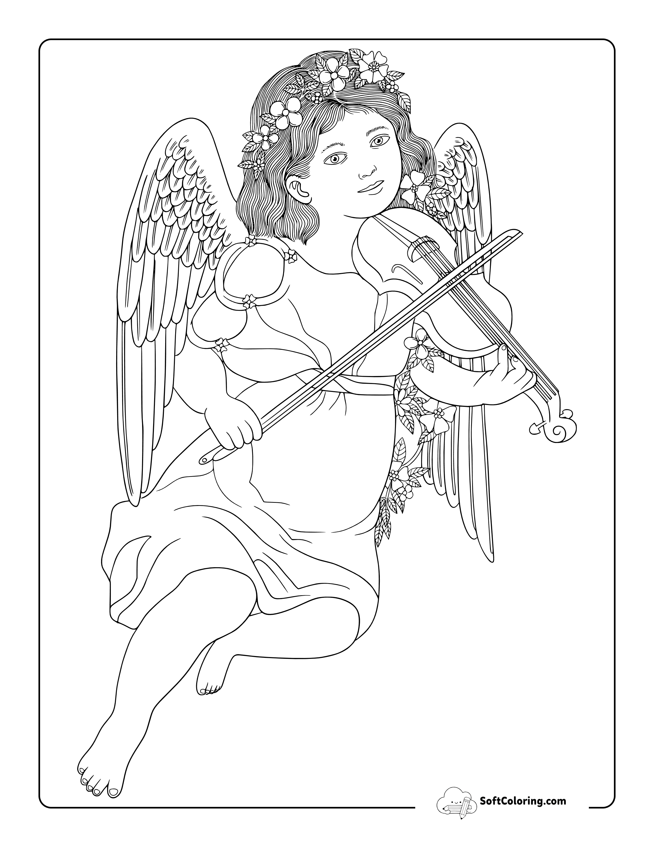 Realistic Cherub Angel Playing Violin - Coloring Page For Adults