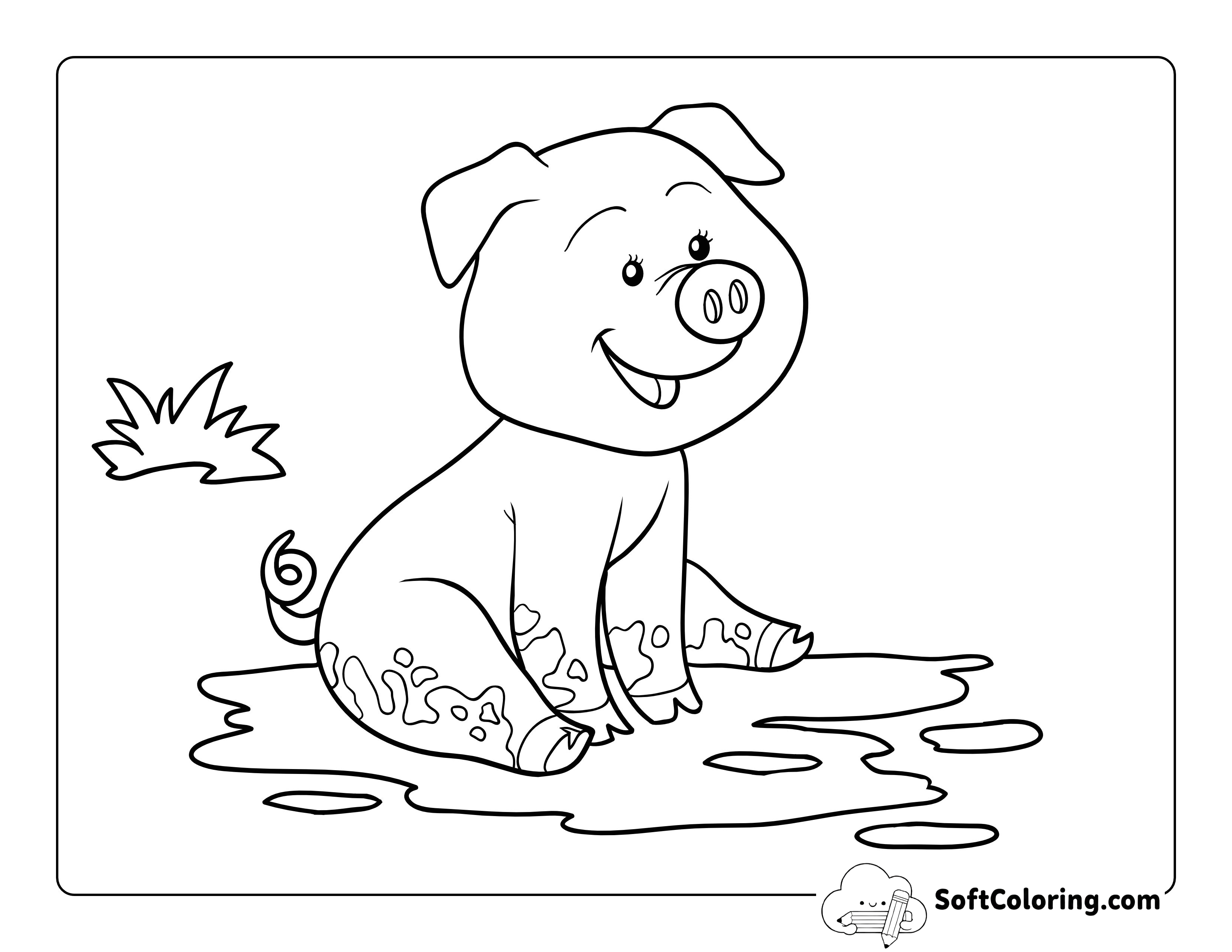 Cute Piggy in Mud Coloring Sheet