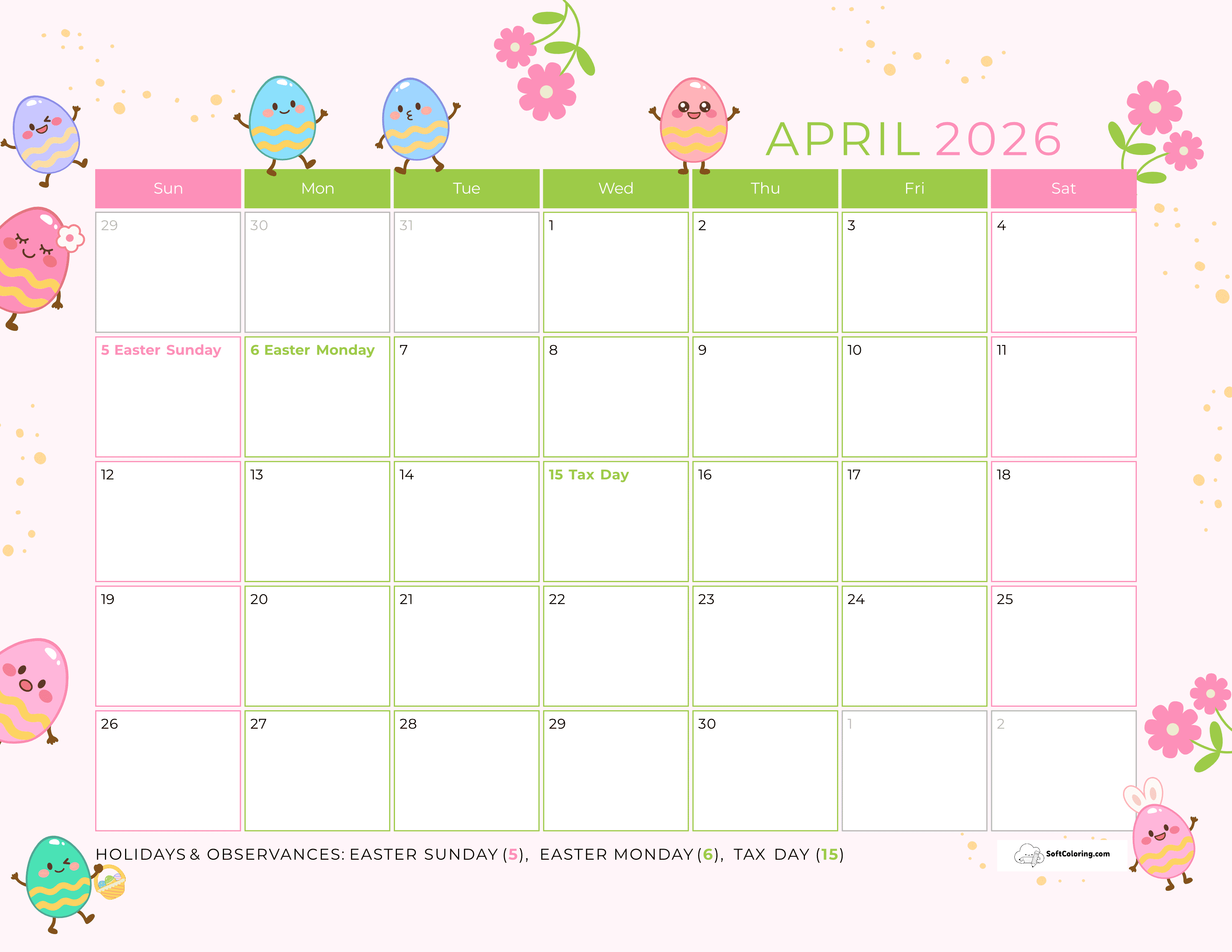 Cute Easter Eggs April 2026 Printable Calendar