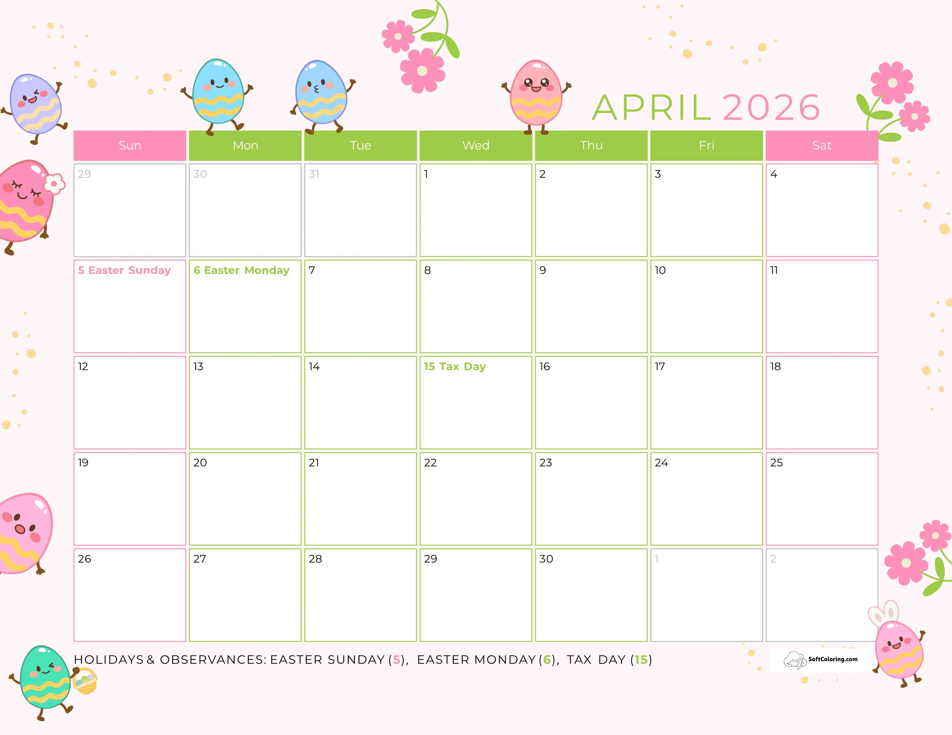 Cute Easter Eggs April 2026 Printable Calendar