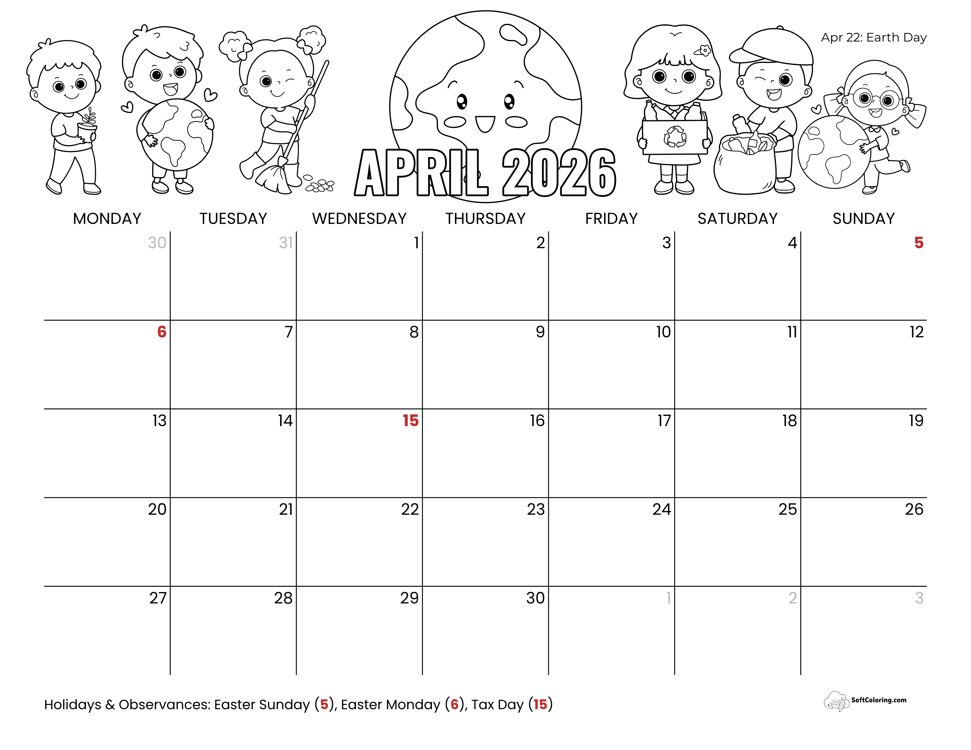 Earth Day - April Monday Calendar