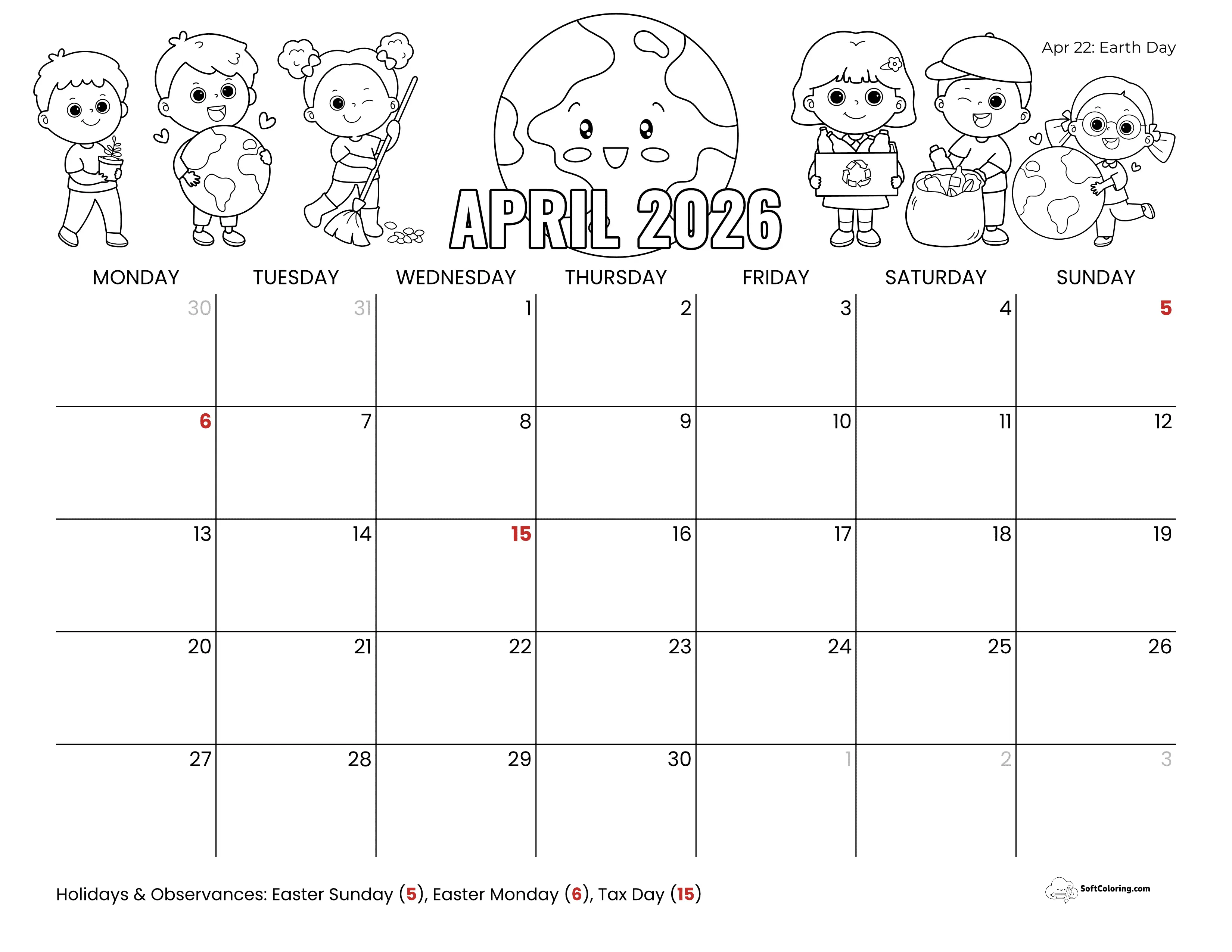 Earth Day - April Monday Calendar