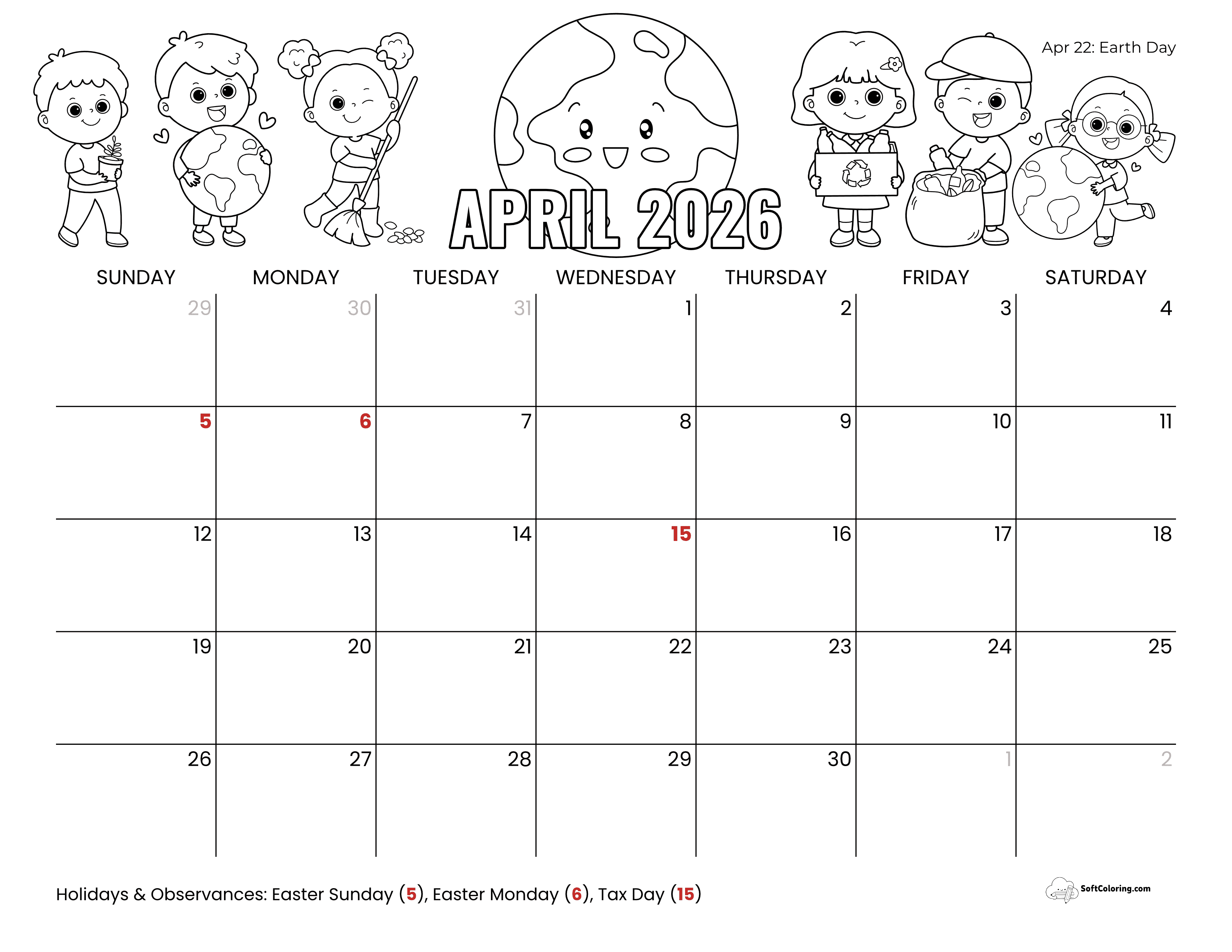 Cute Earth Day April 2026 Printable Calendar To Color