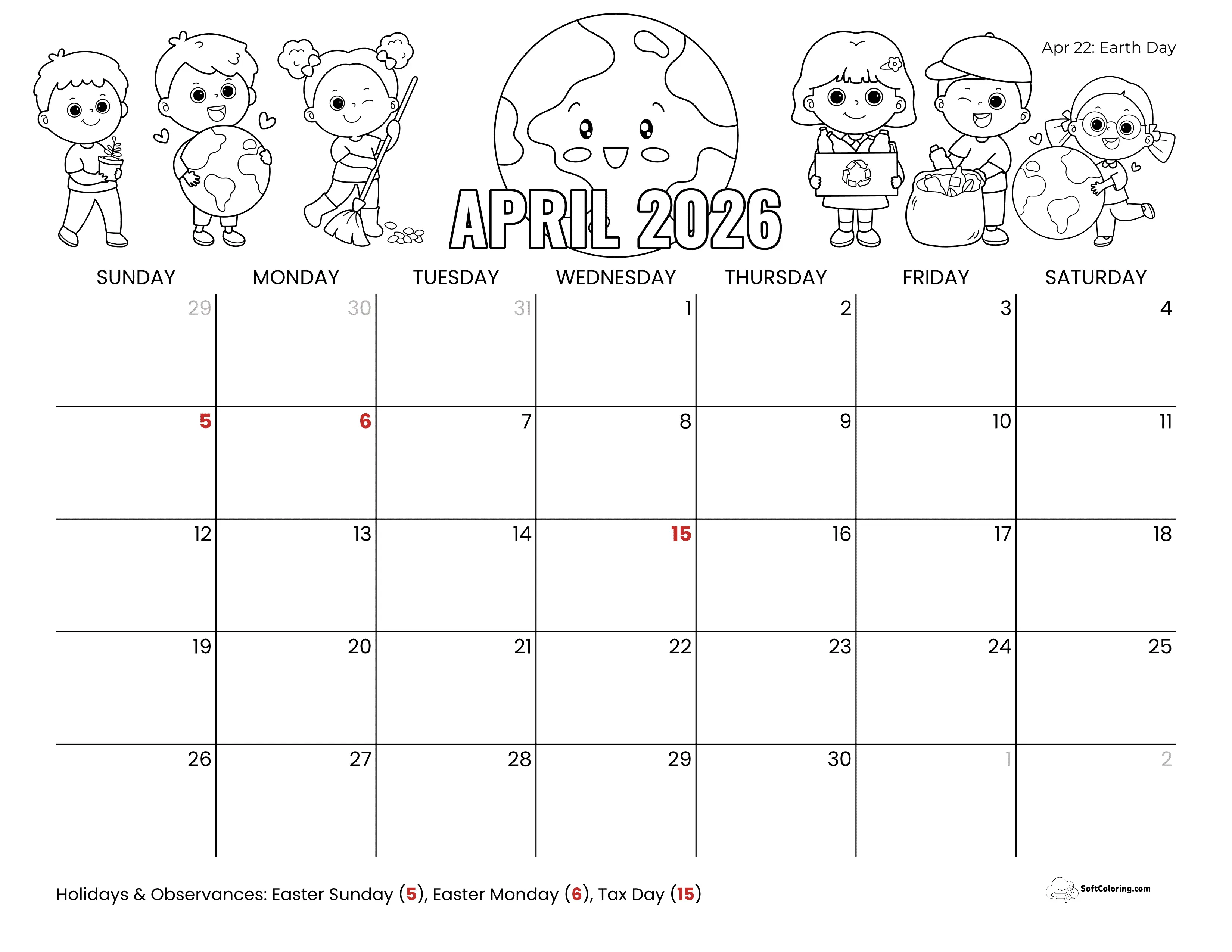 Cute Earth Day April 2026 Printable Calendar To Color
