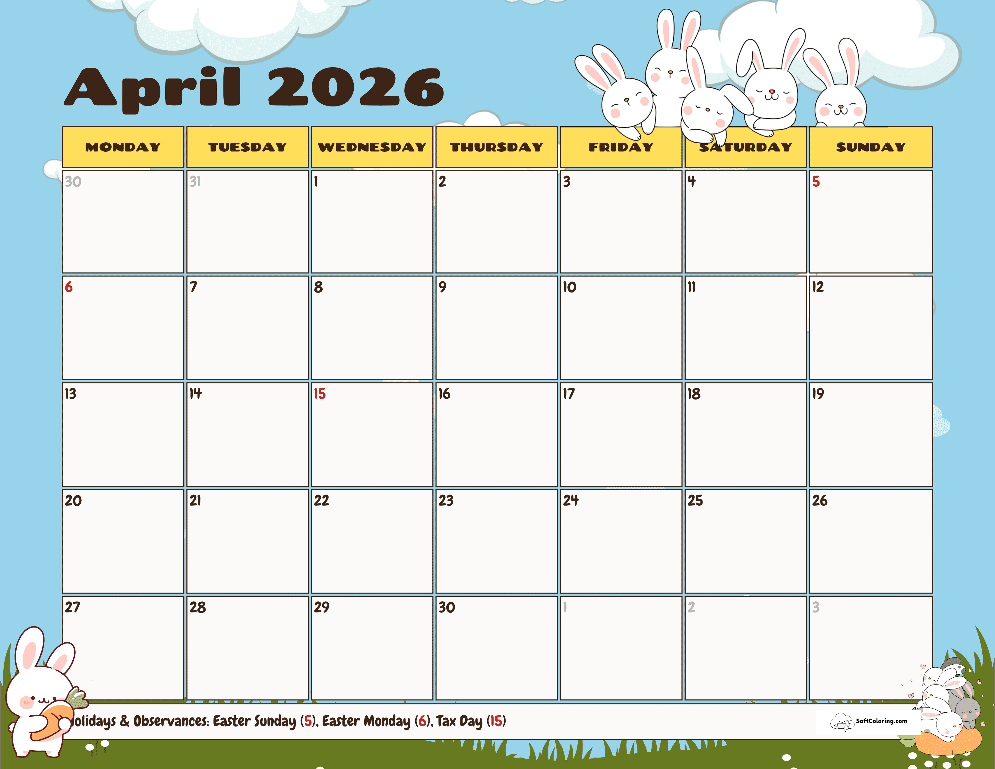 Bunnies - April Monday Calendar