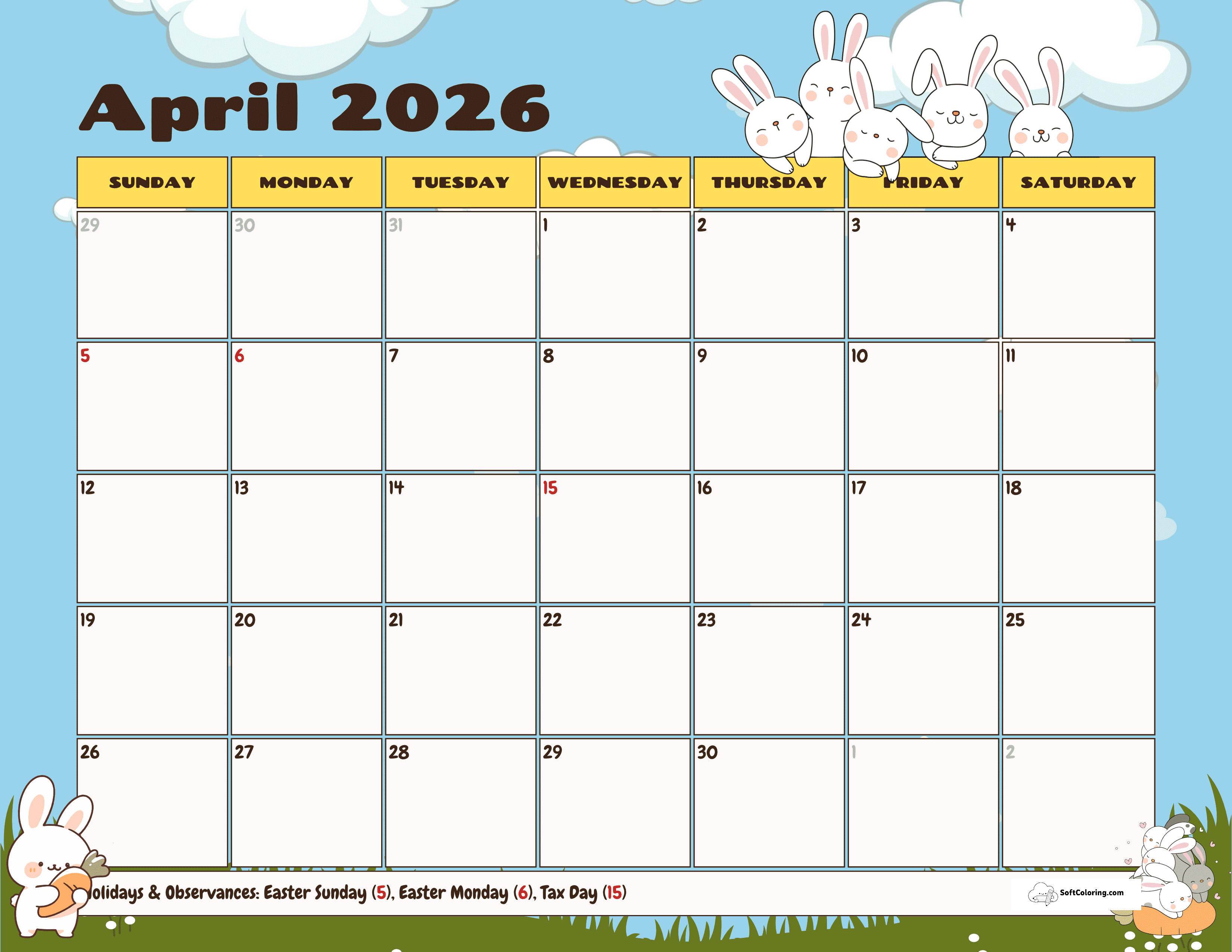 Cute Spring Bunnies April Calendar Printable To Download