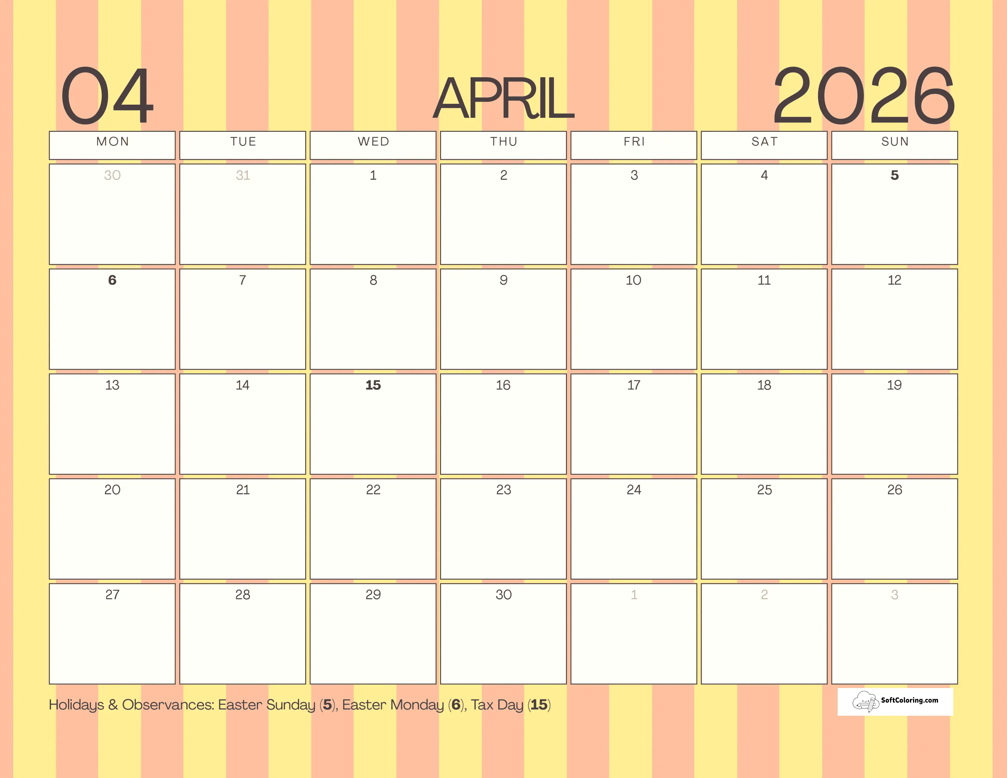 Spring Stripes - April Monday Calendar