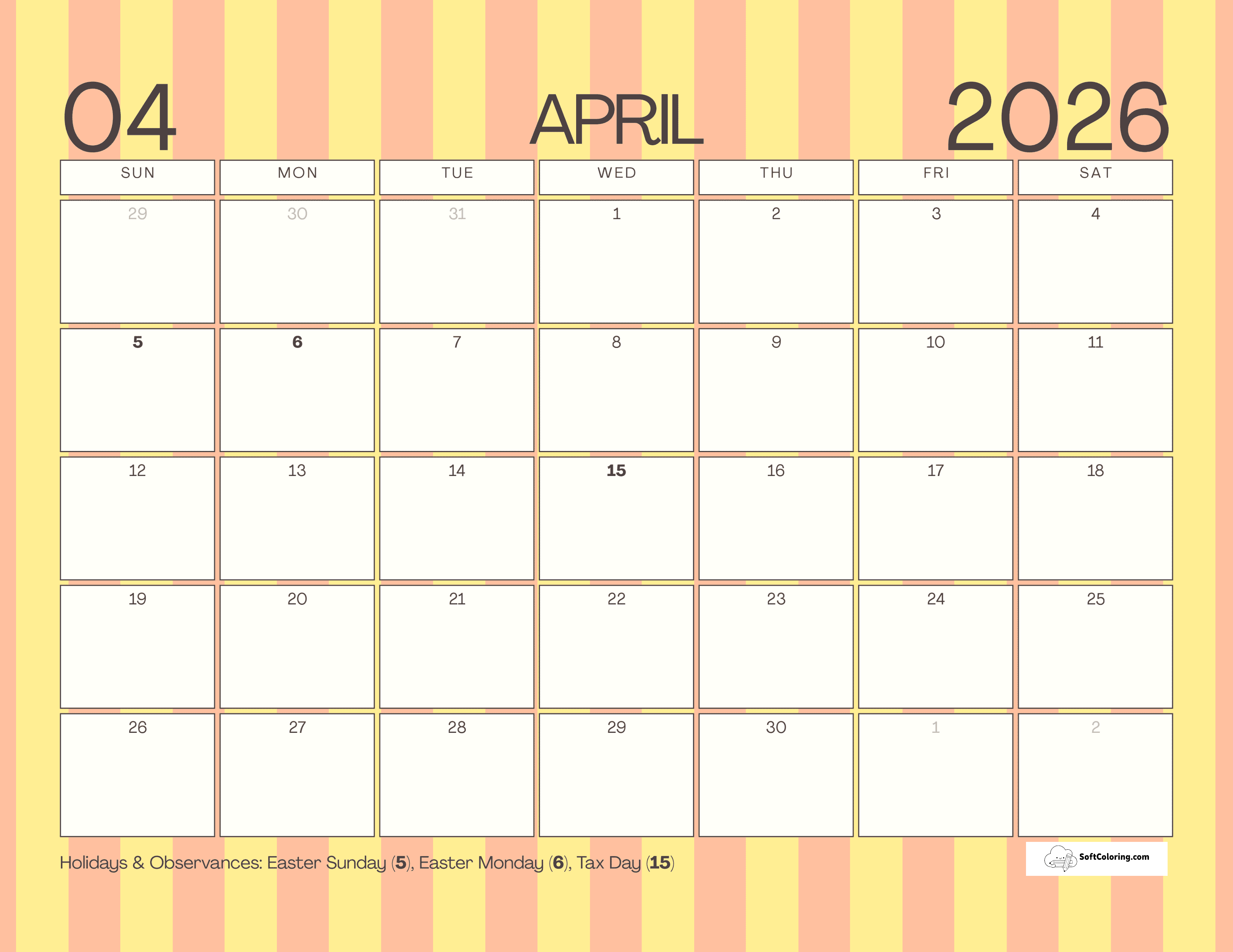 Spring Stripes April 2026 Printable Calendar