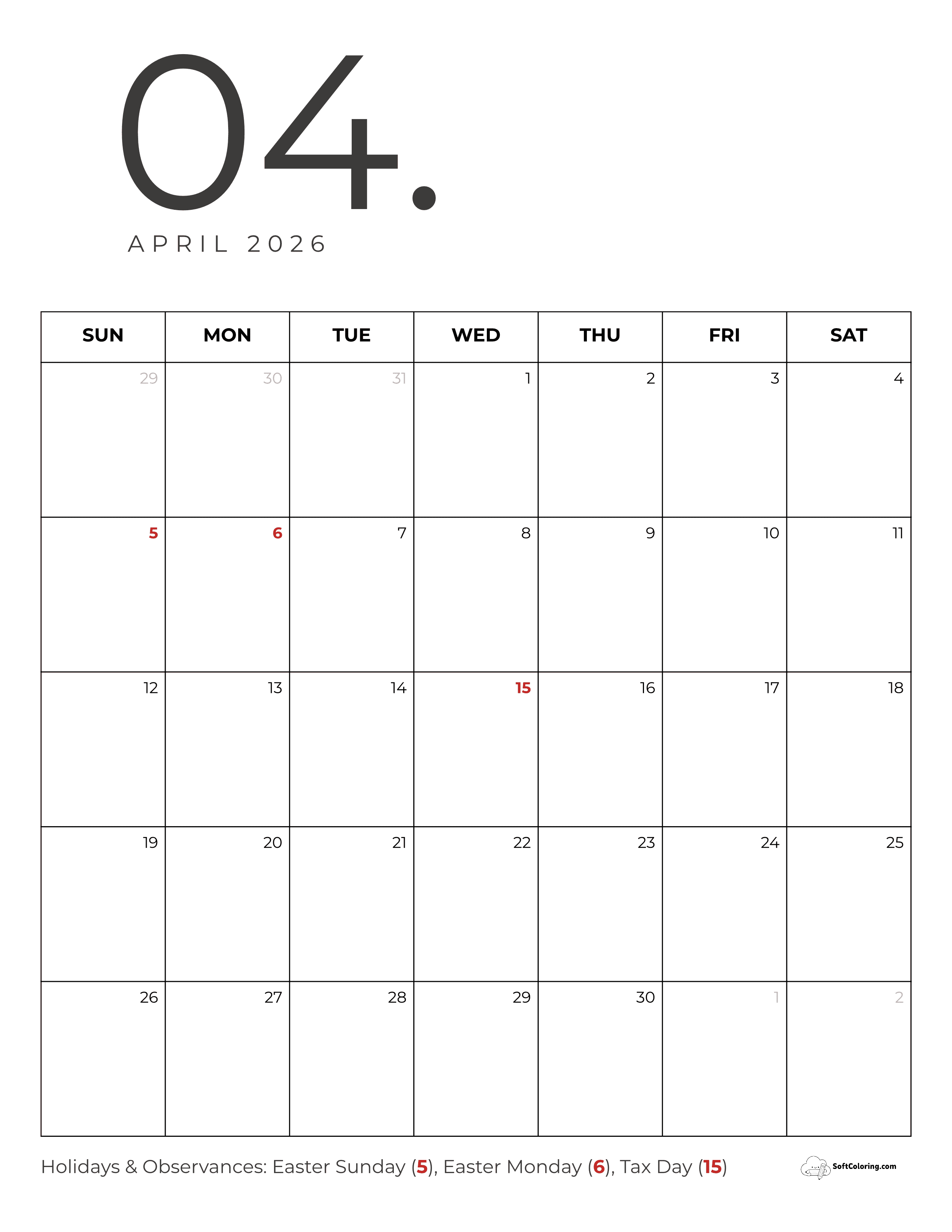 Bold Minimalist April 2026 Calendar Printable