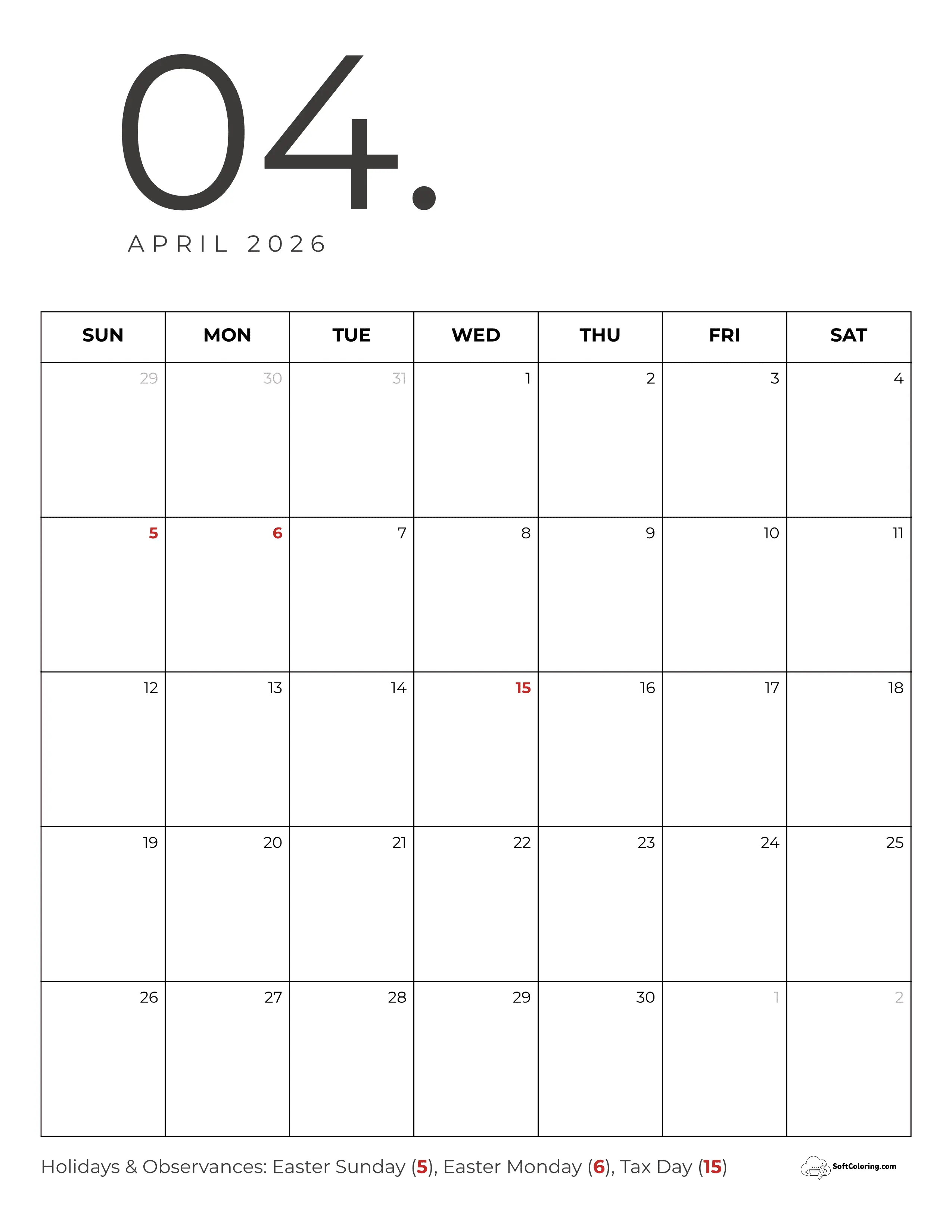 Bold Minimalist April 2026 Calendar Printable