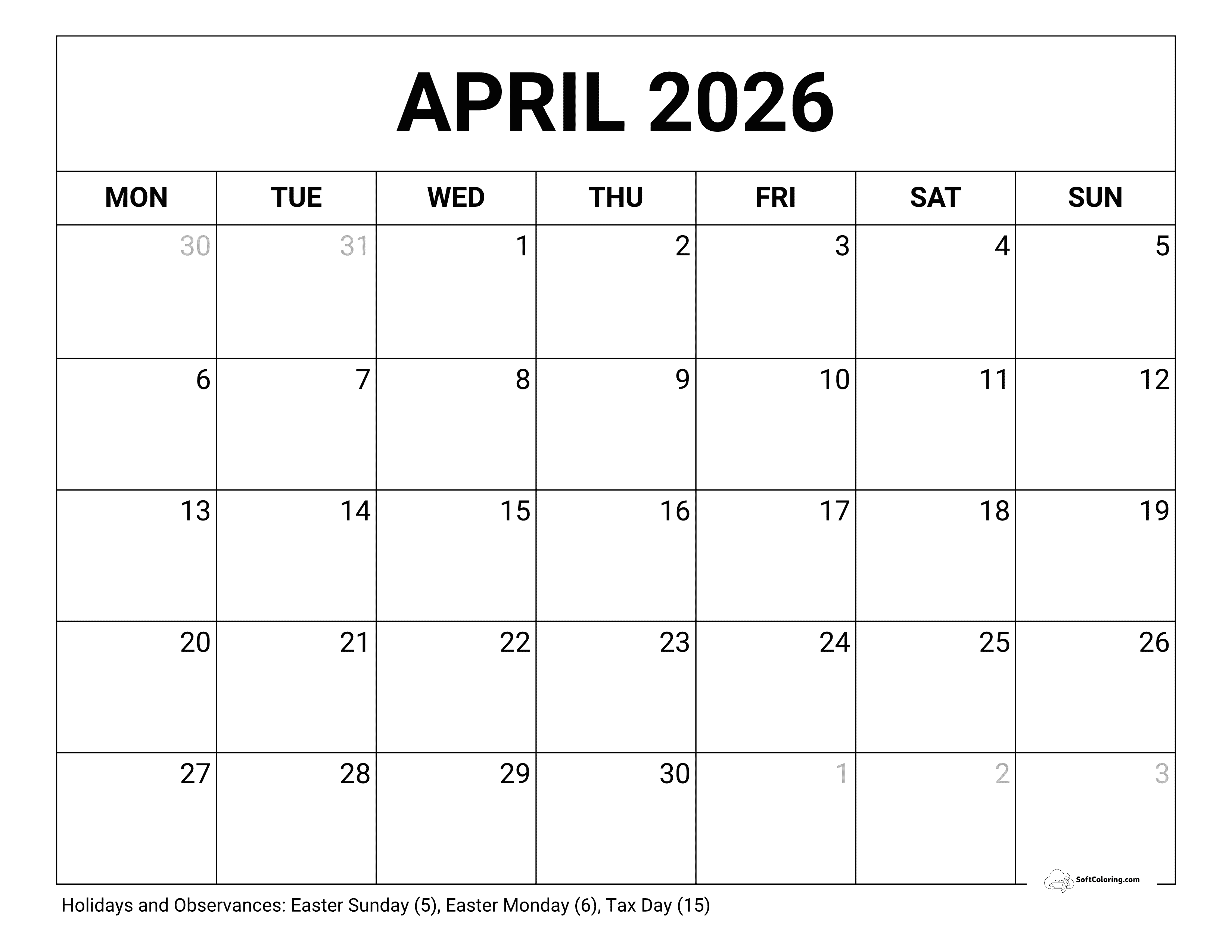 Blank - April Monday Calendar