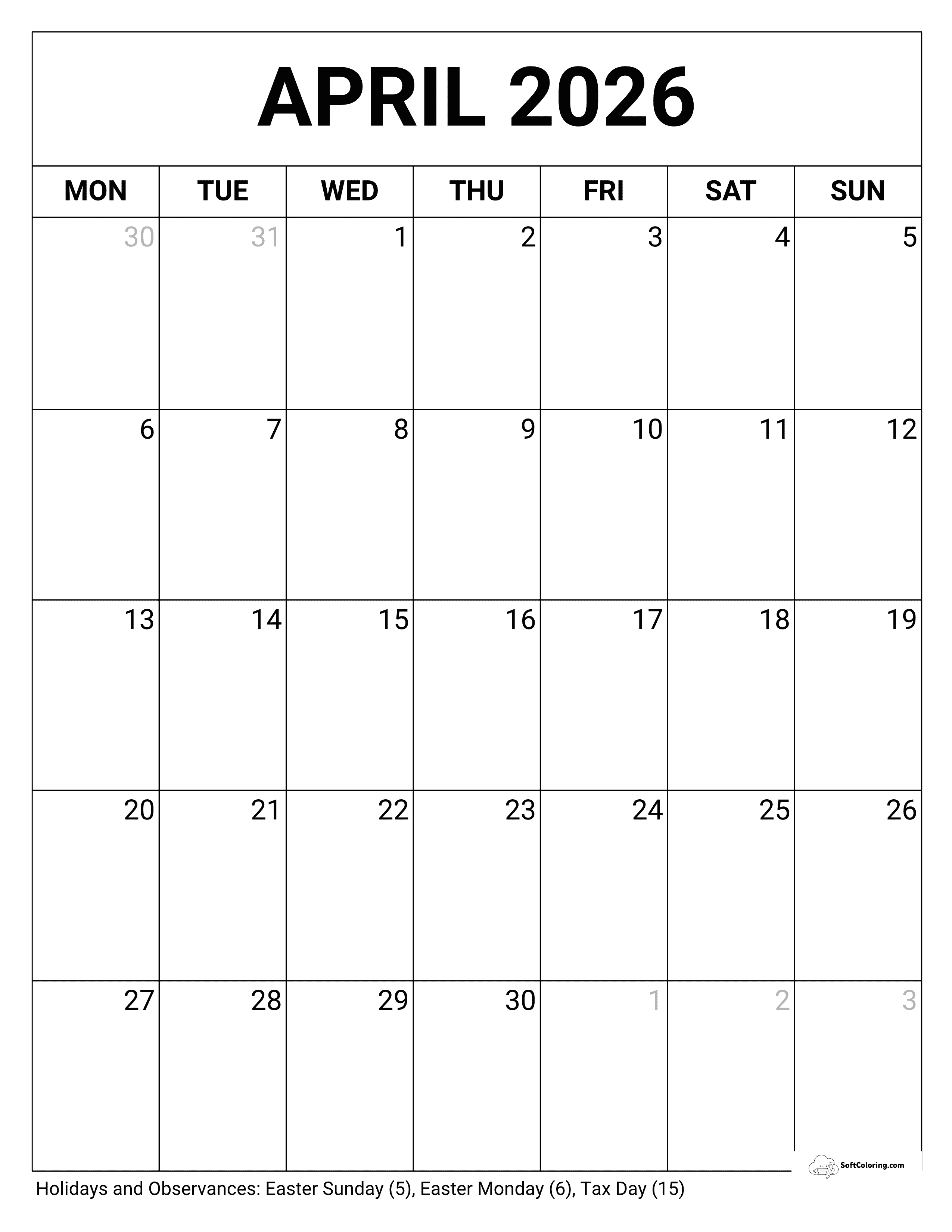 Blank Portrait - April Monday Calendar