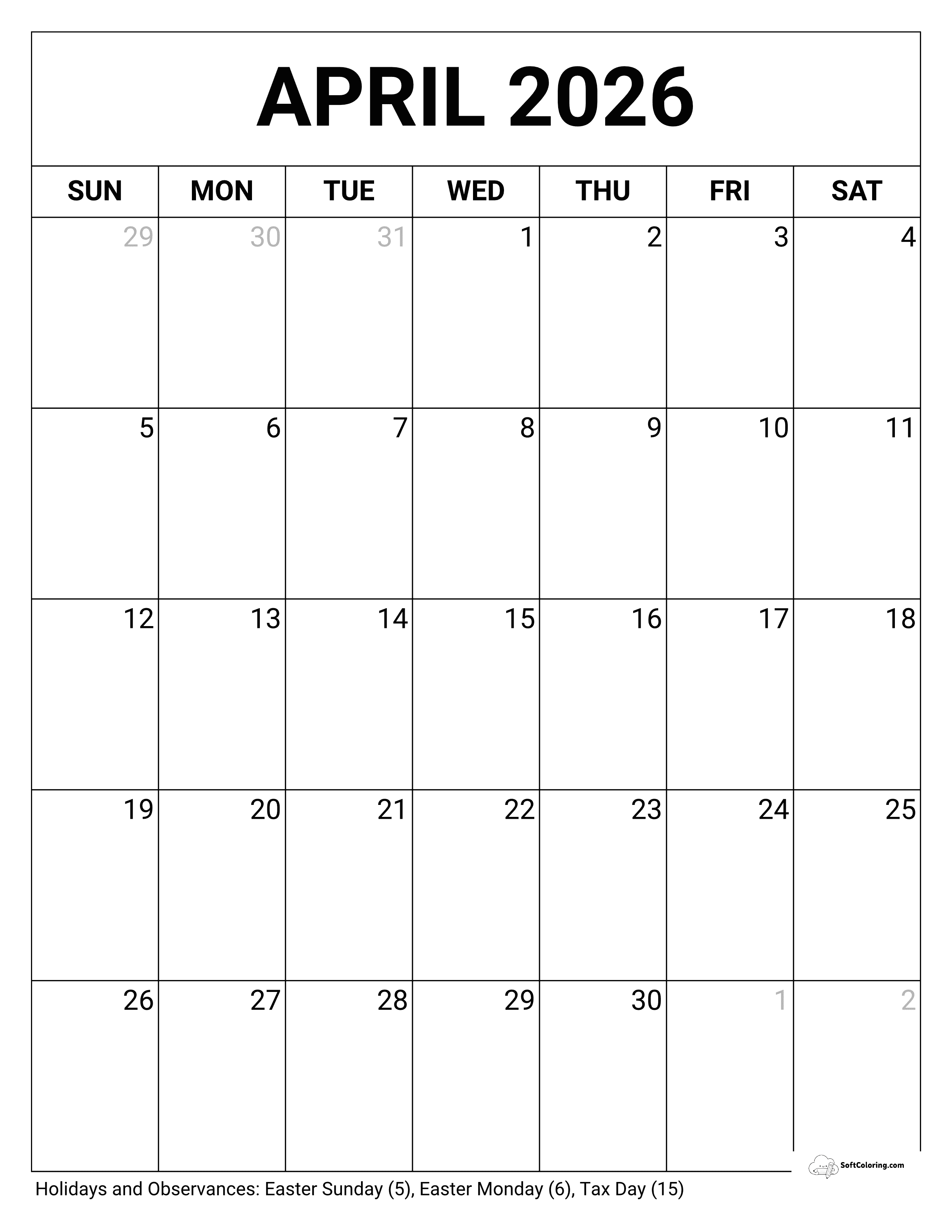 Portrait Blank April Calendar 2026 To Download