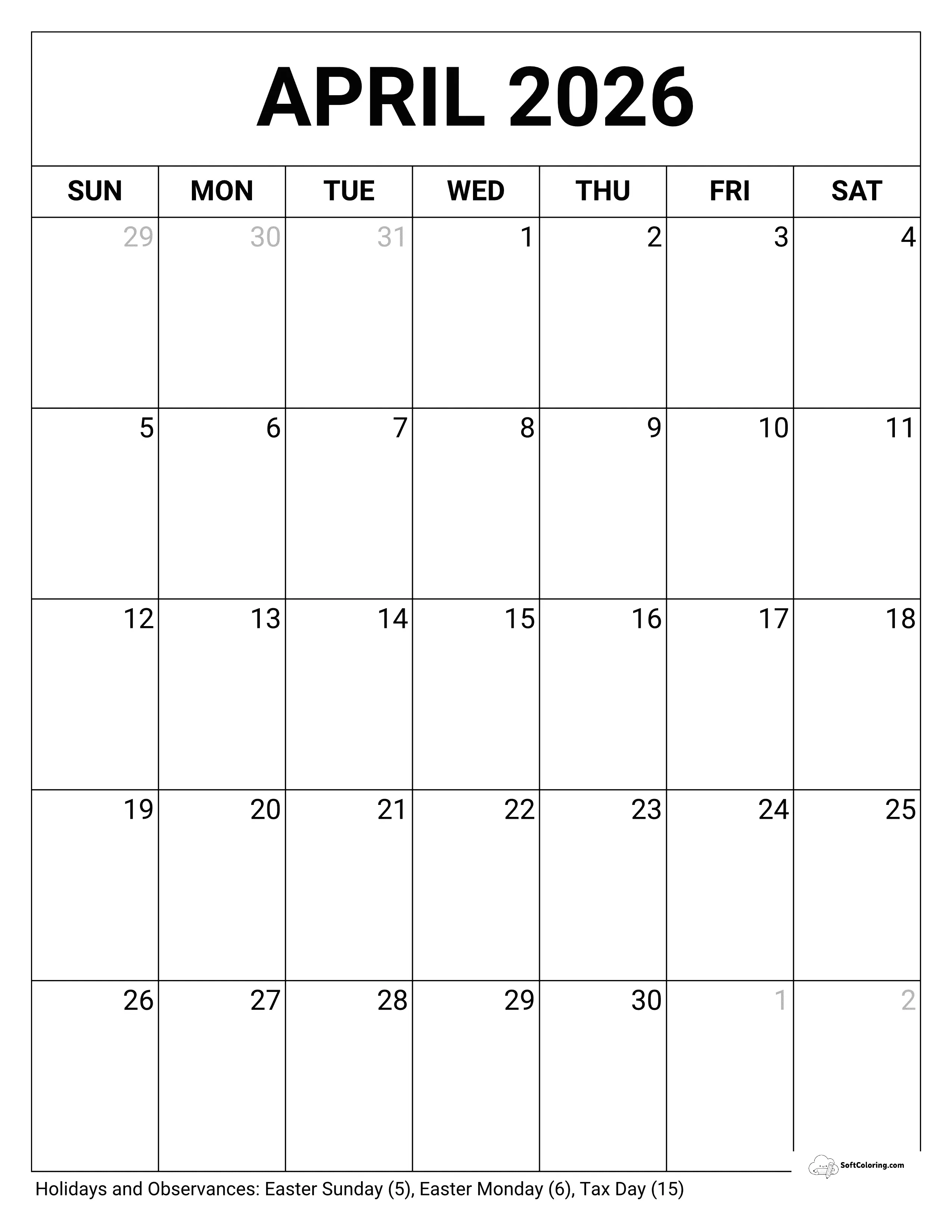 Portrait Blank April Calendar 2026 To Download