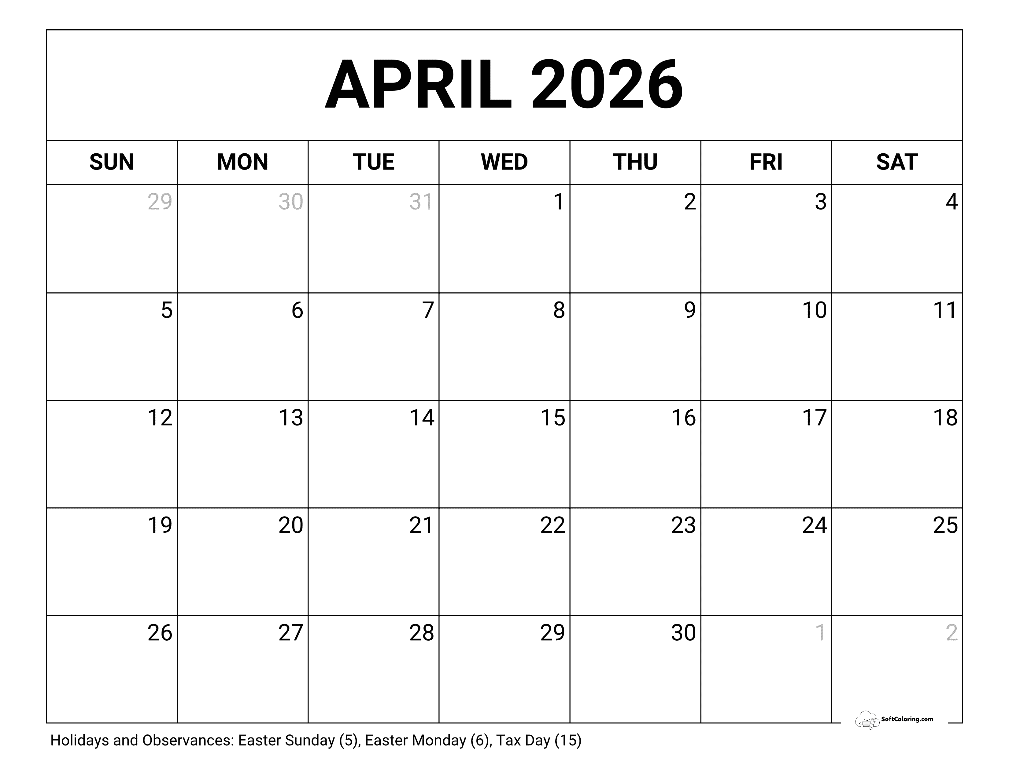 Blank April 2026 Calendar