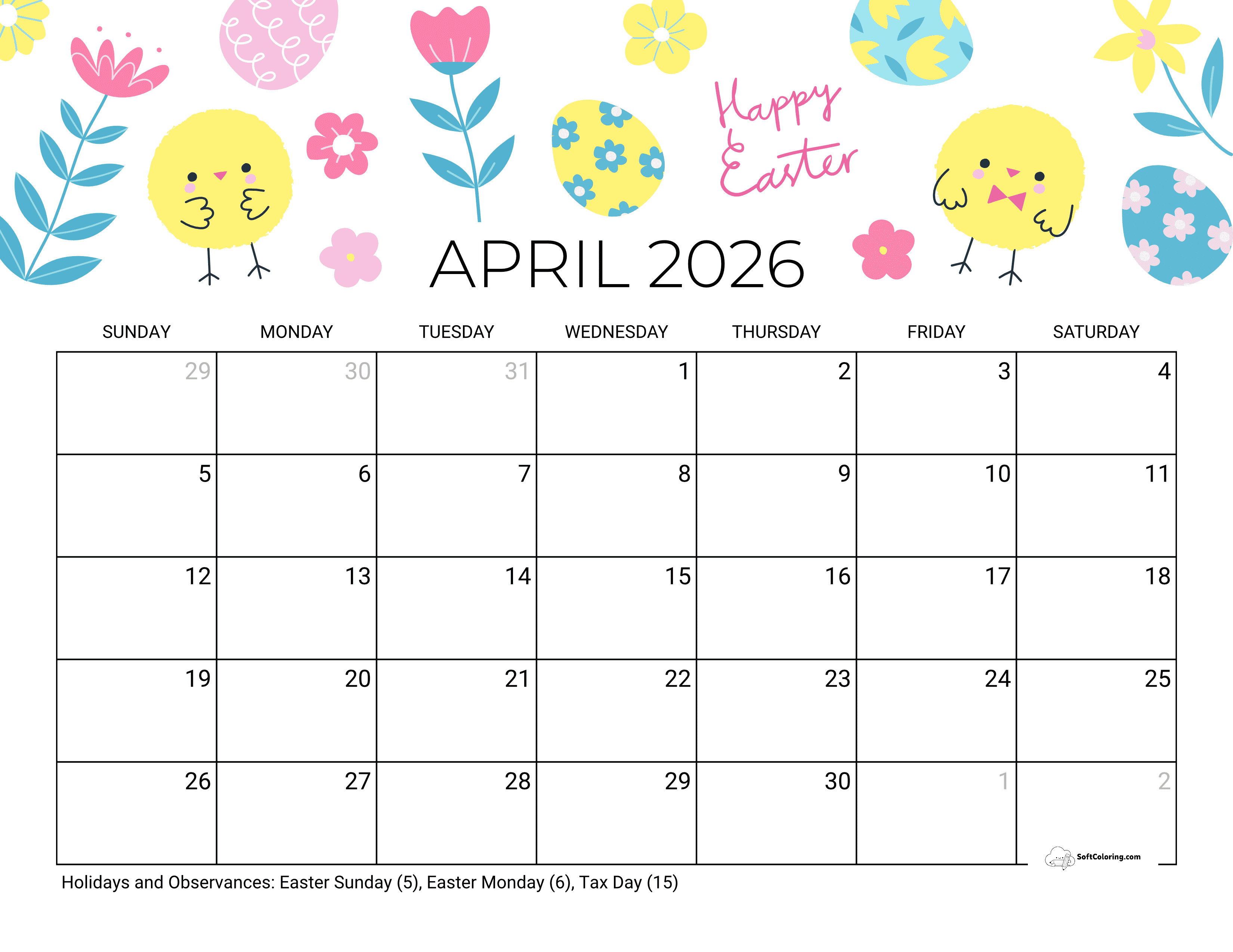 Cute Happy Easter Printable Calendar April 2026