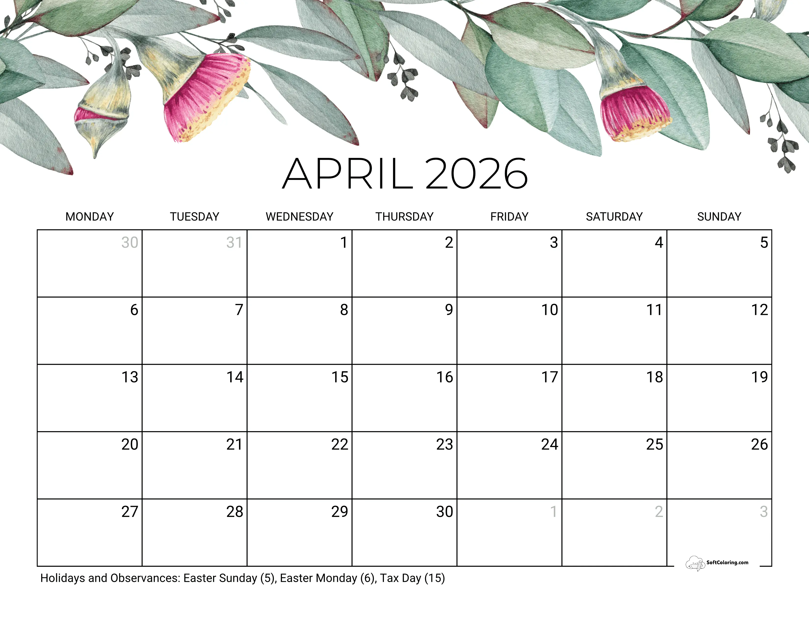 Eucalyptus - April Monday Calendar