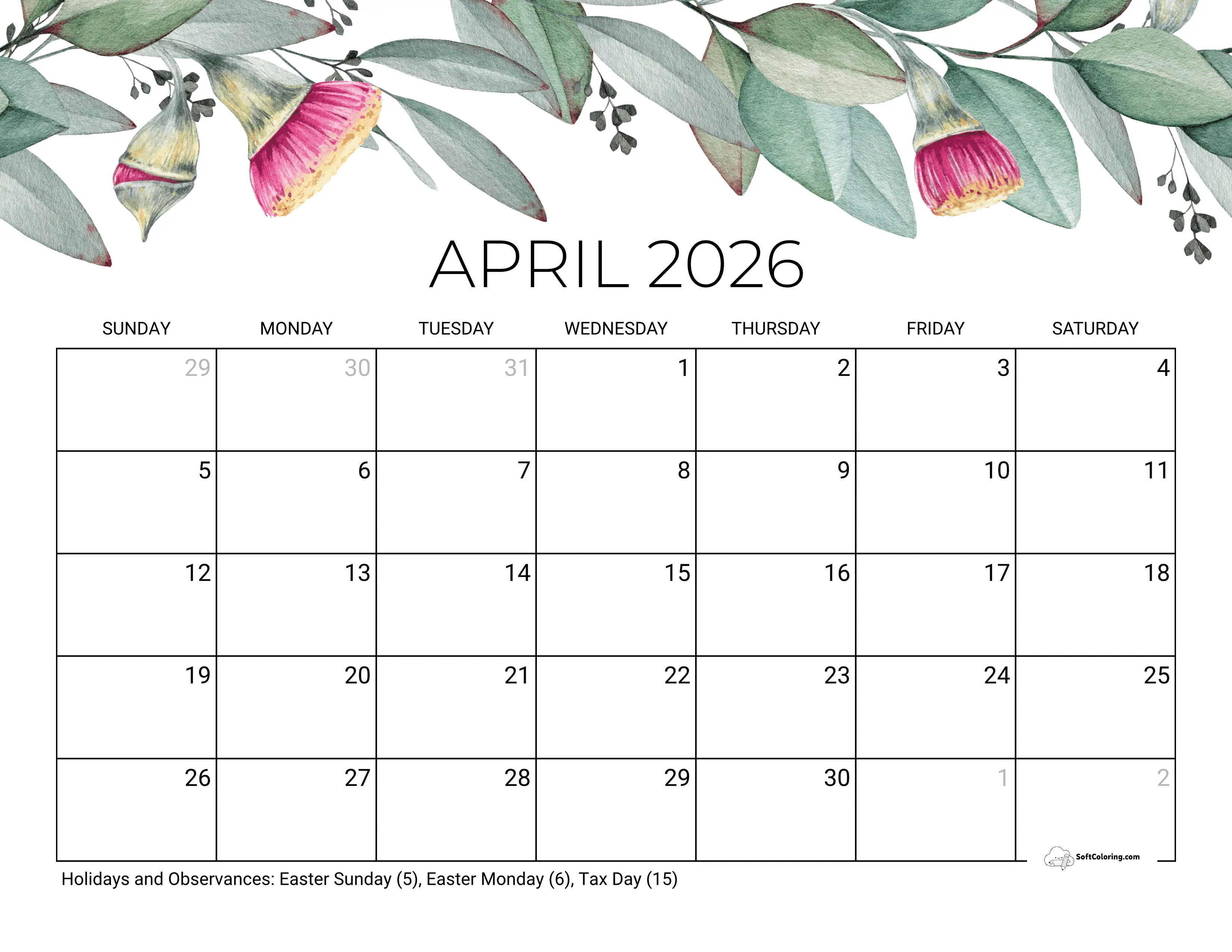 Soothing Eucalyptus Calendar Template April 2026