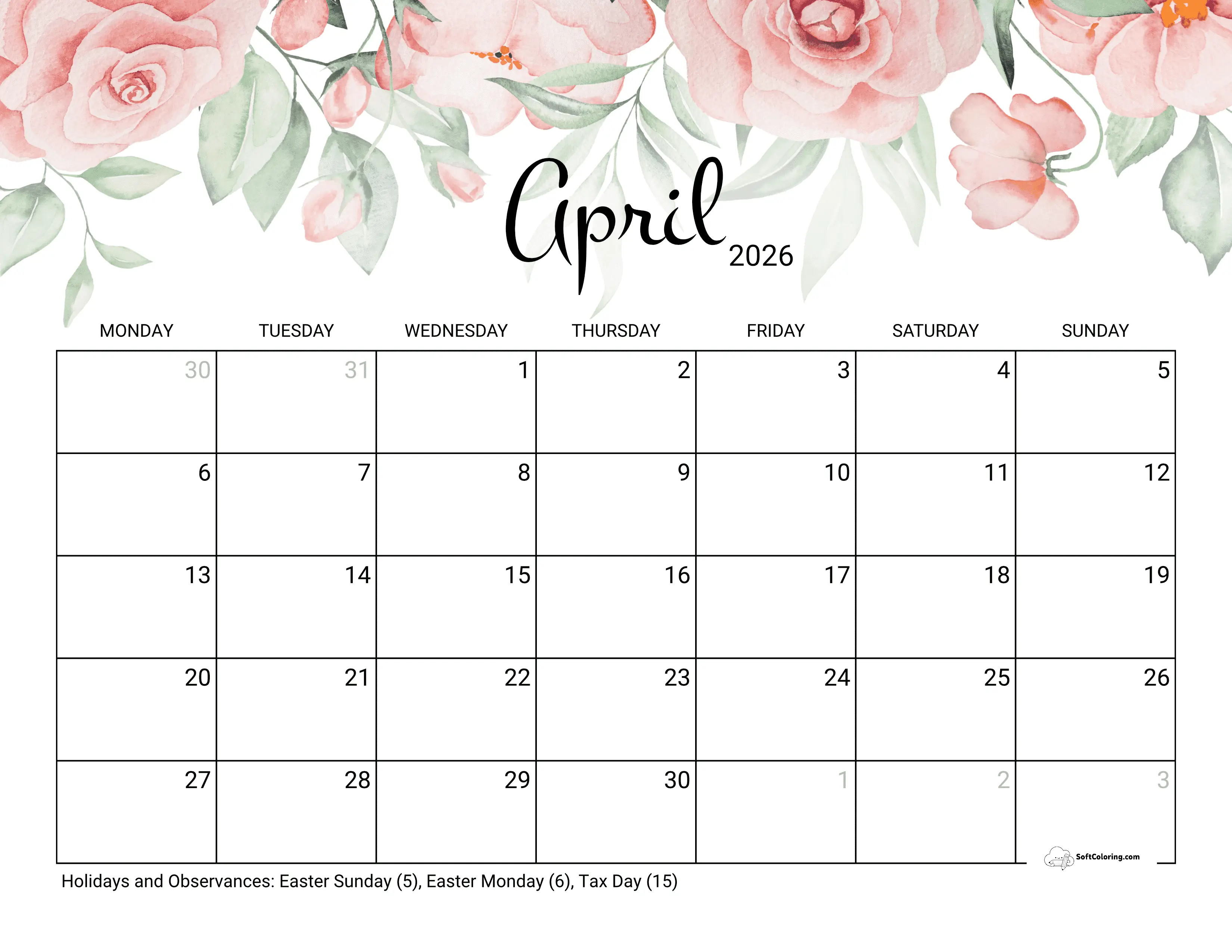 Roses - April Monday Calendar