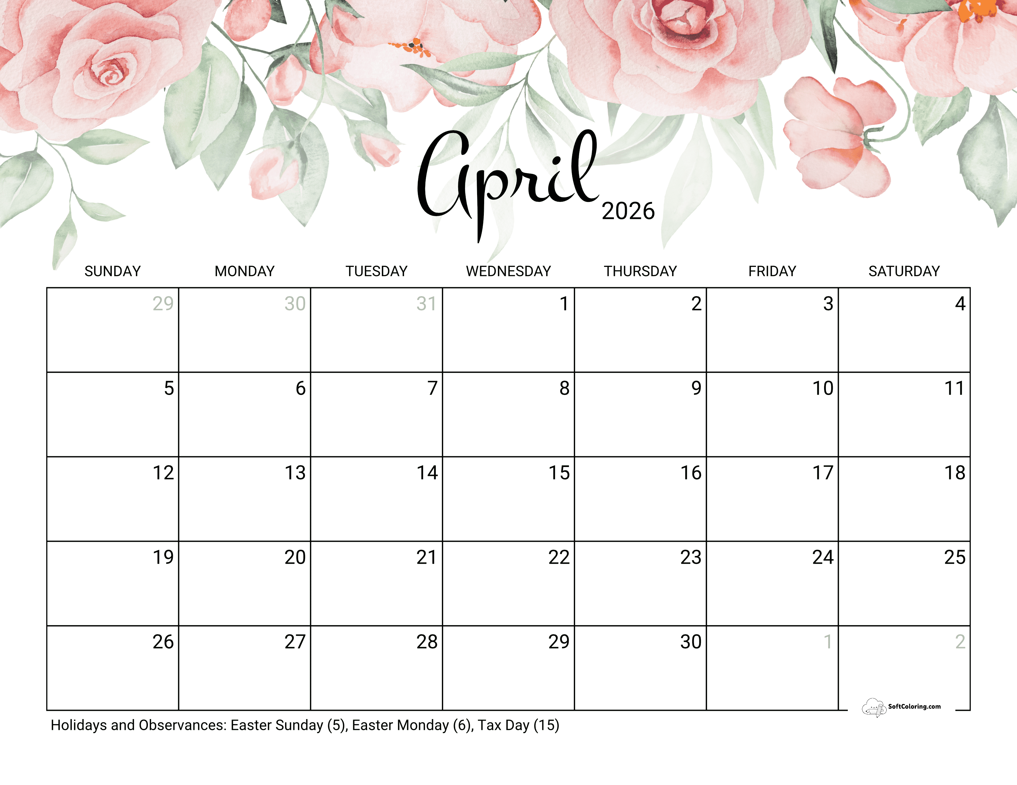 Beautiful Roses 2026 April Printable Calendar