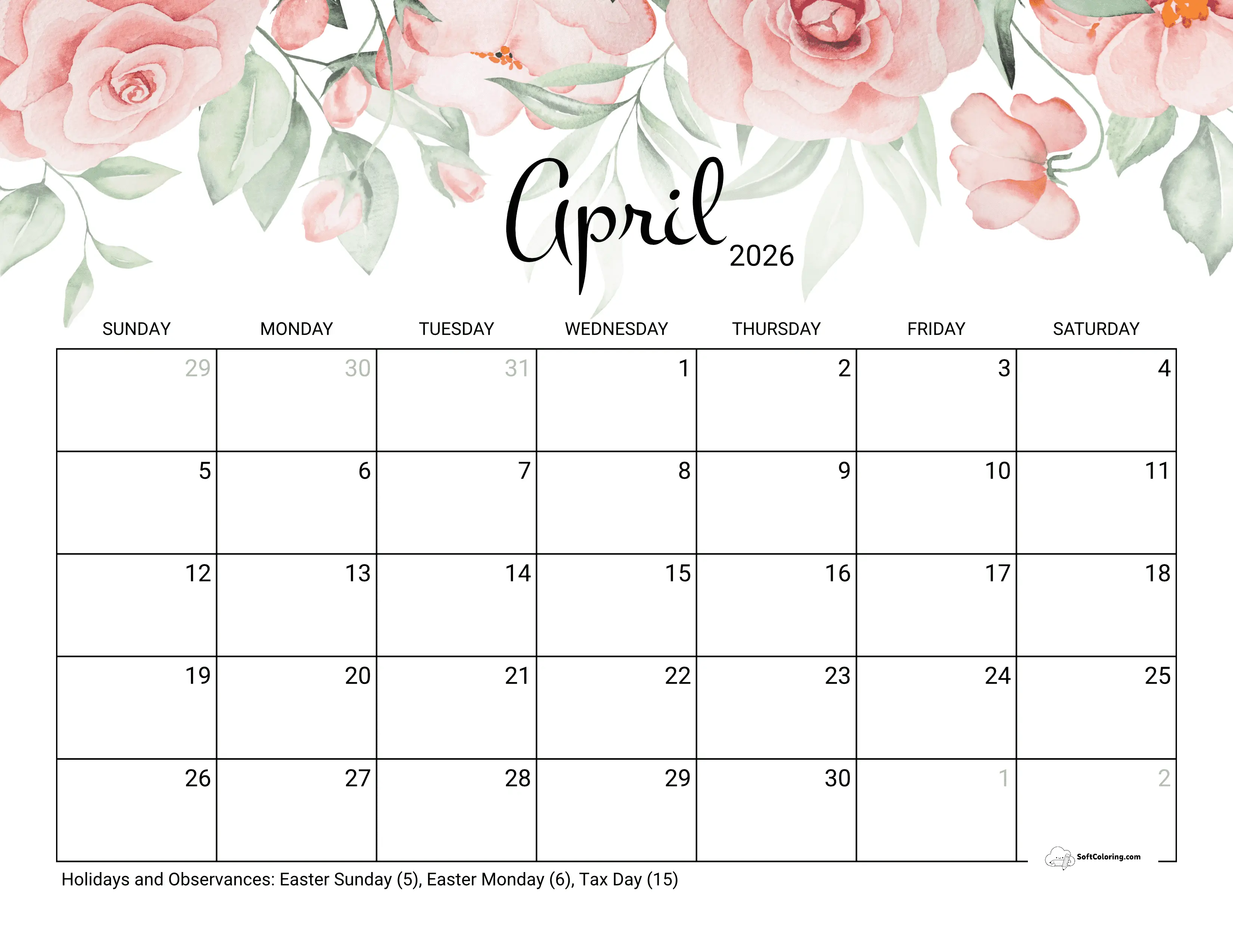 Beautiful Roses 2026 April Printable Calendar