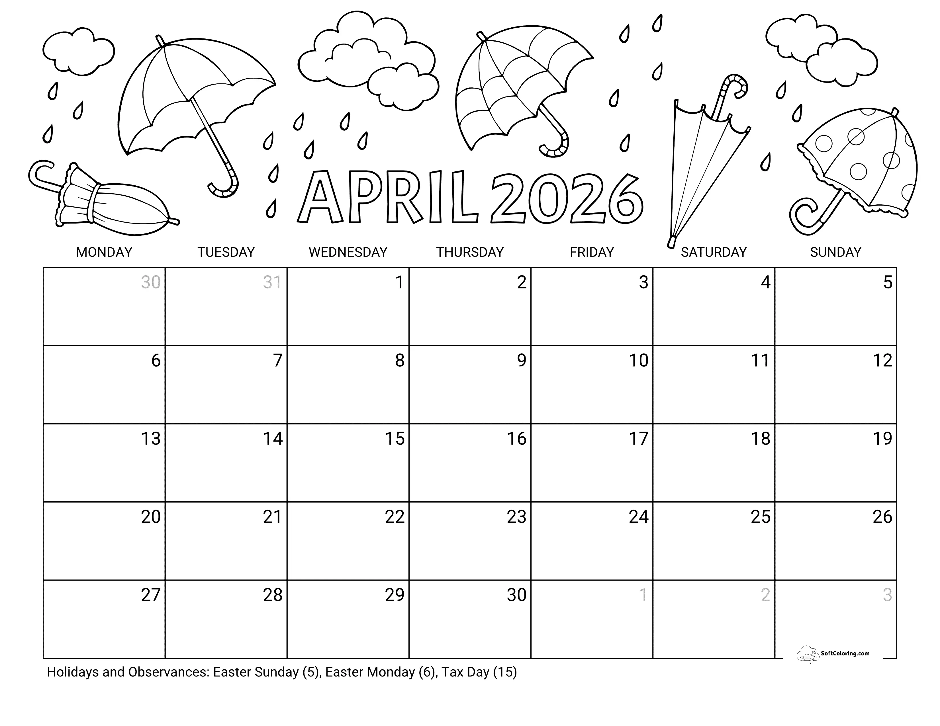 Rainy Coloring - April Monday Calendar