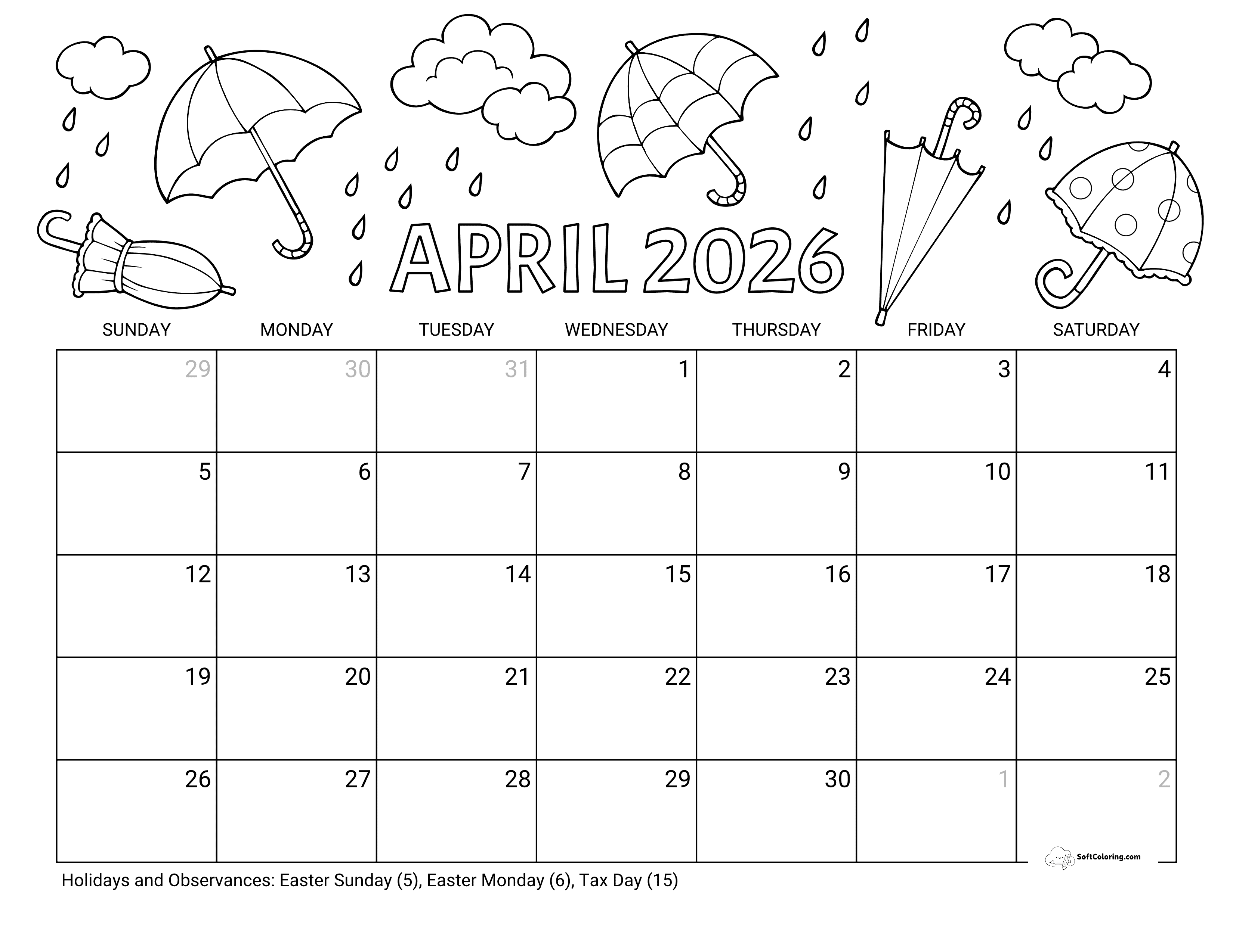 2026 April Showers Printable Coloring Calendar For Kids