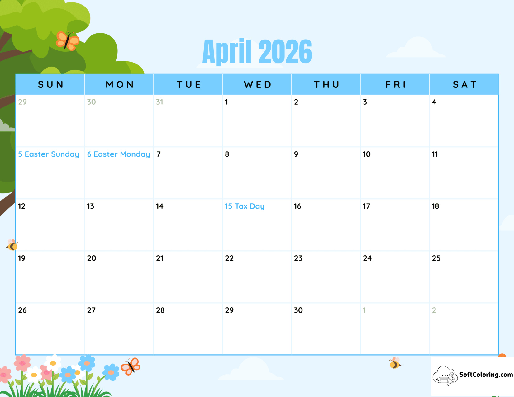 Spring Flowers April Calendar 2026 Printable