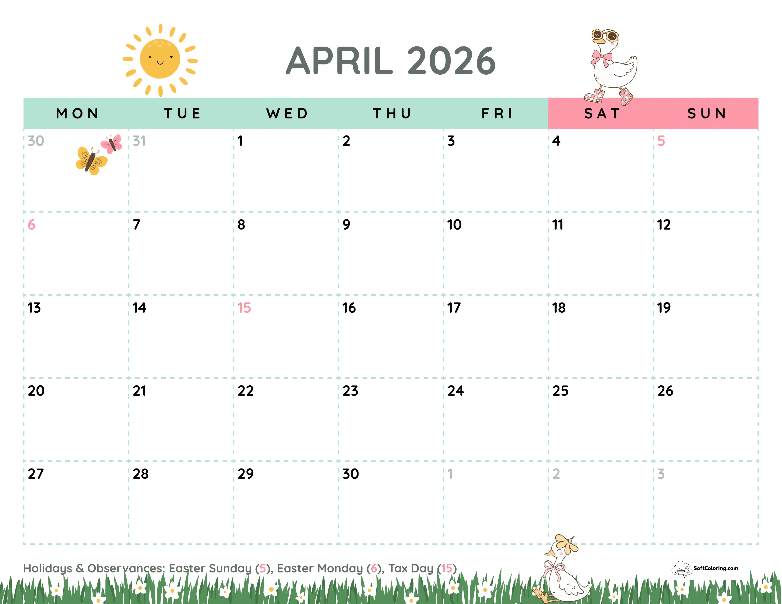 Ducks - April Monday Calendar
