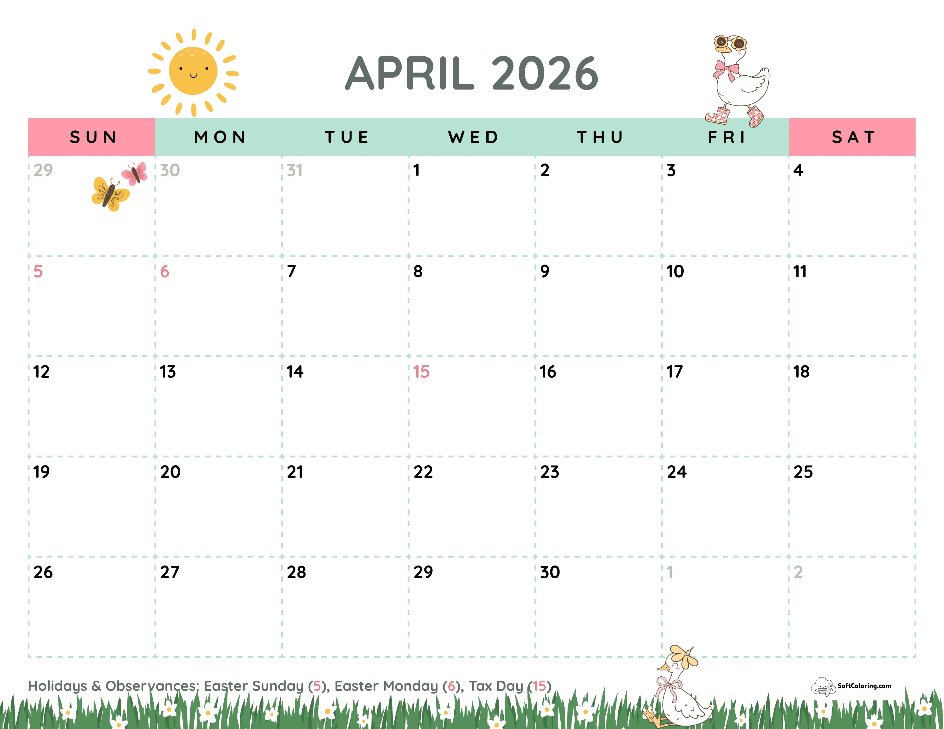 Simple Illustrated April Calendar With Cute Ducks