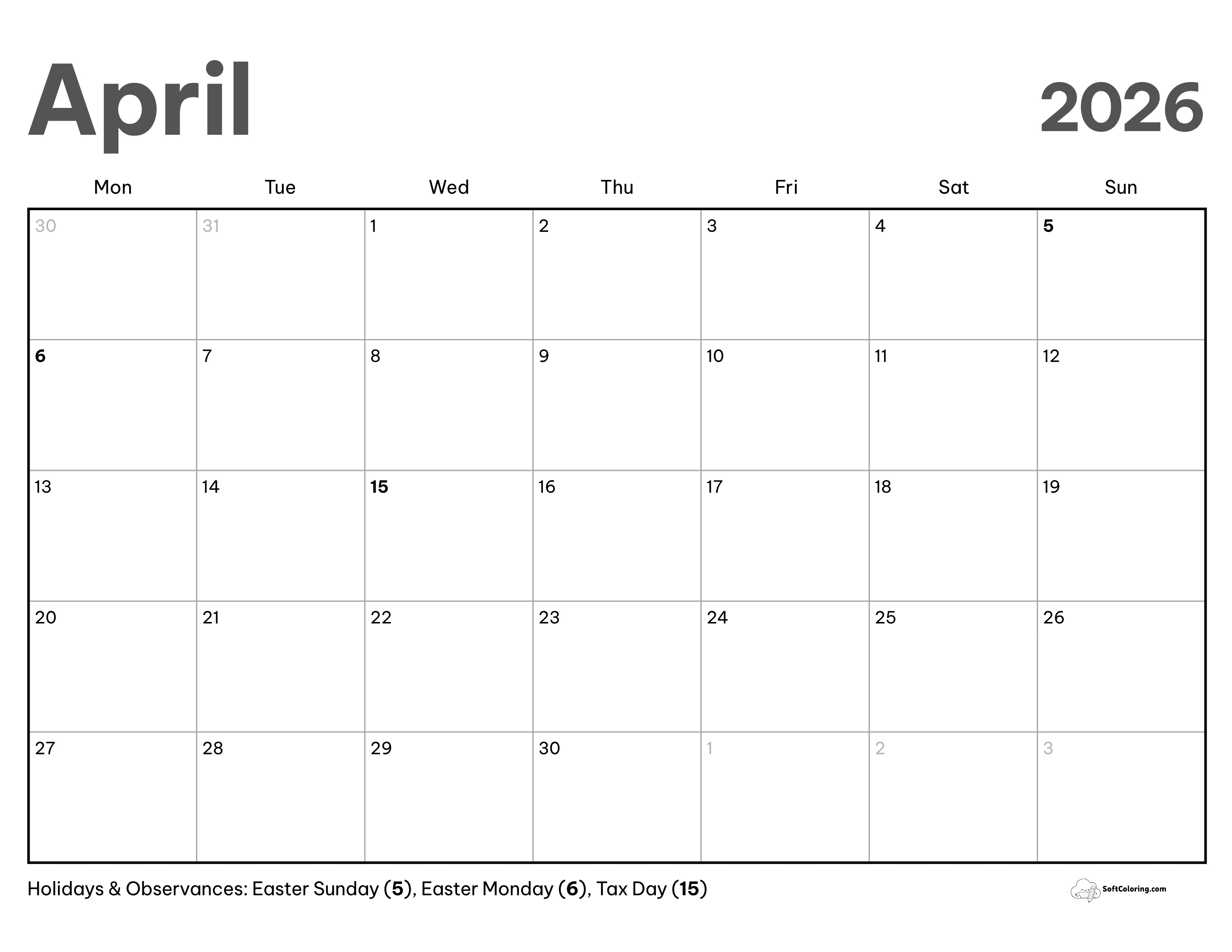 Modern - April Monday Calendar