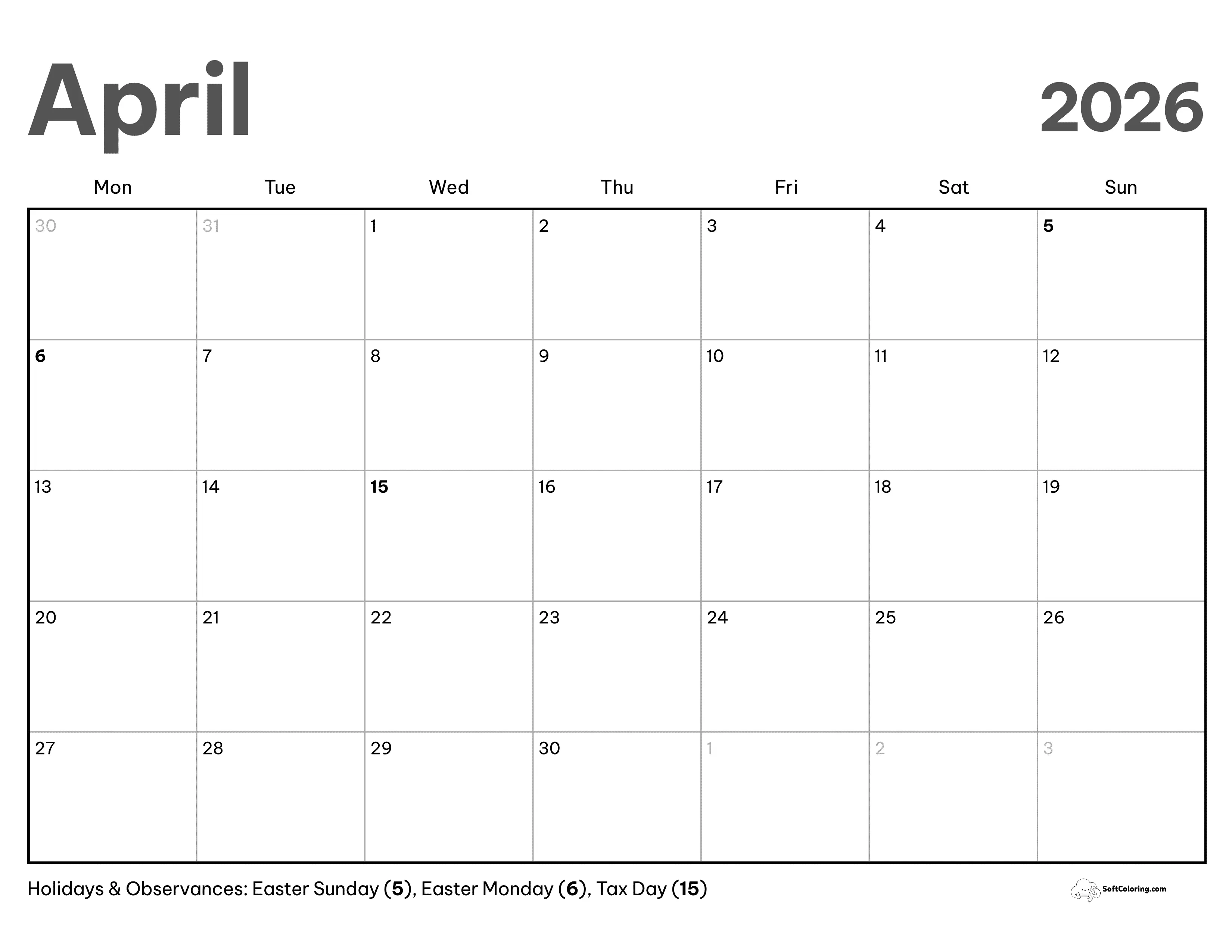 Modern - April Monday Calendar