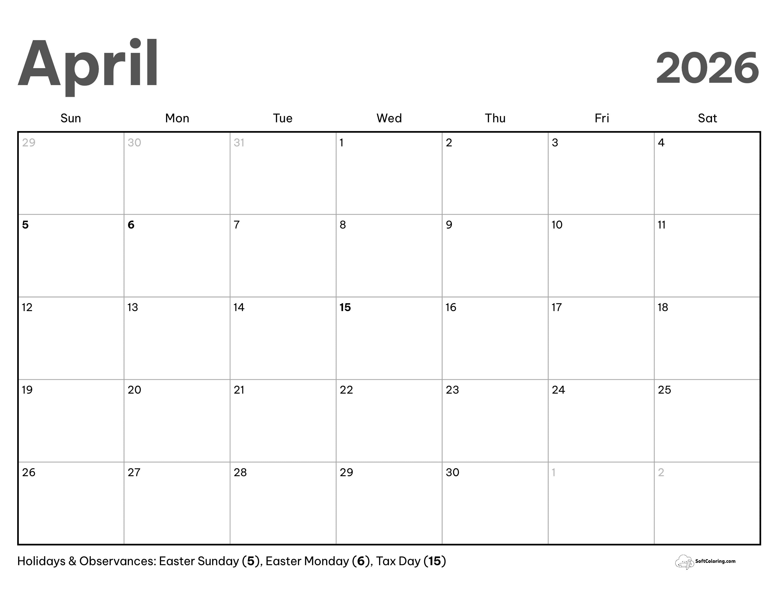 Modern Minimalist Printable Calendar April 2026