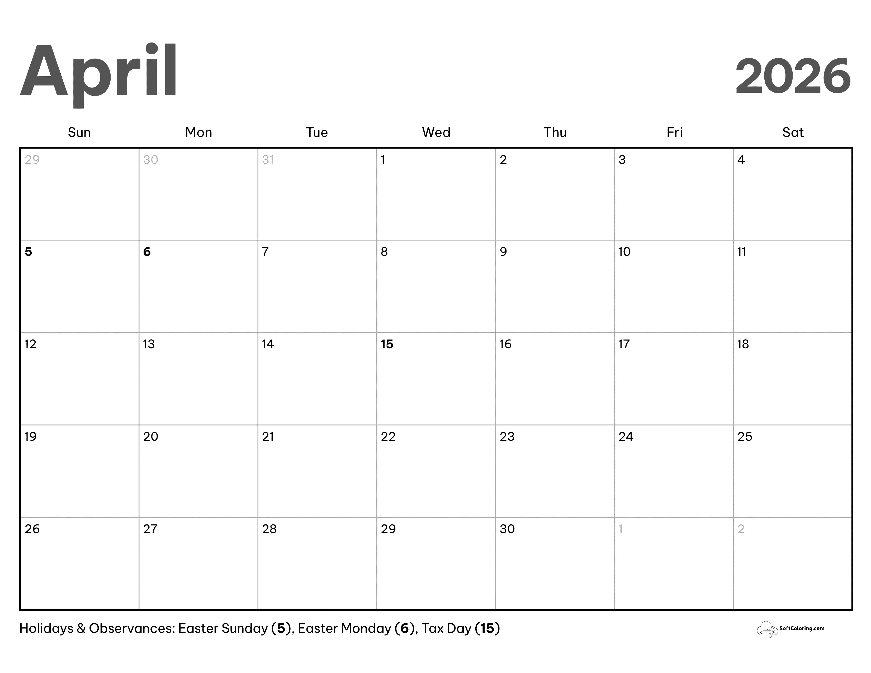 Modern Minimalist Printable Calendar April 2026