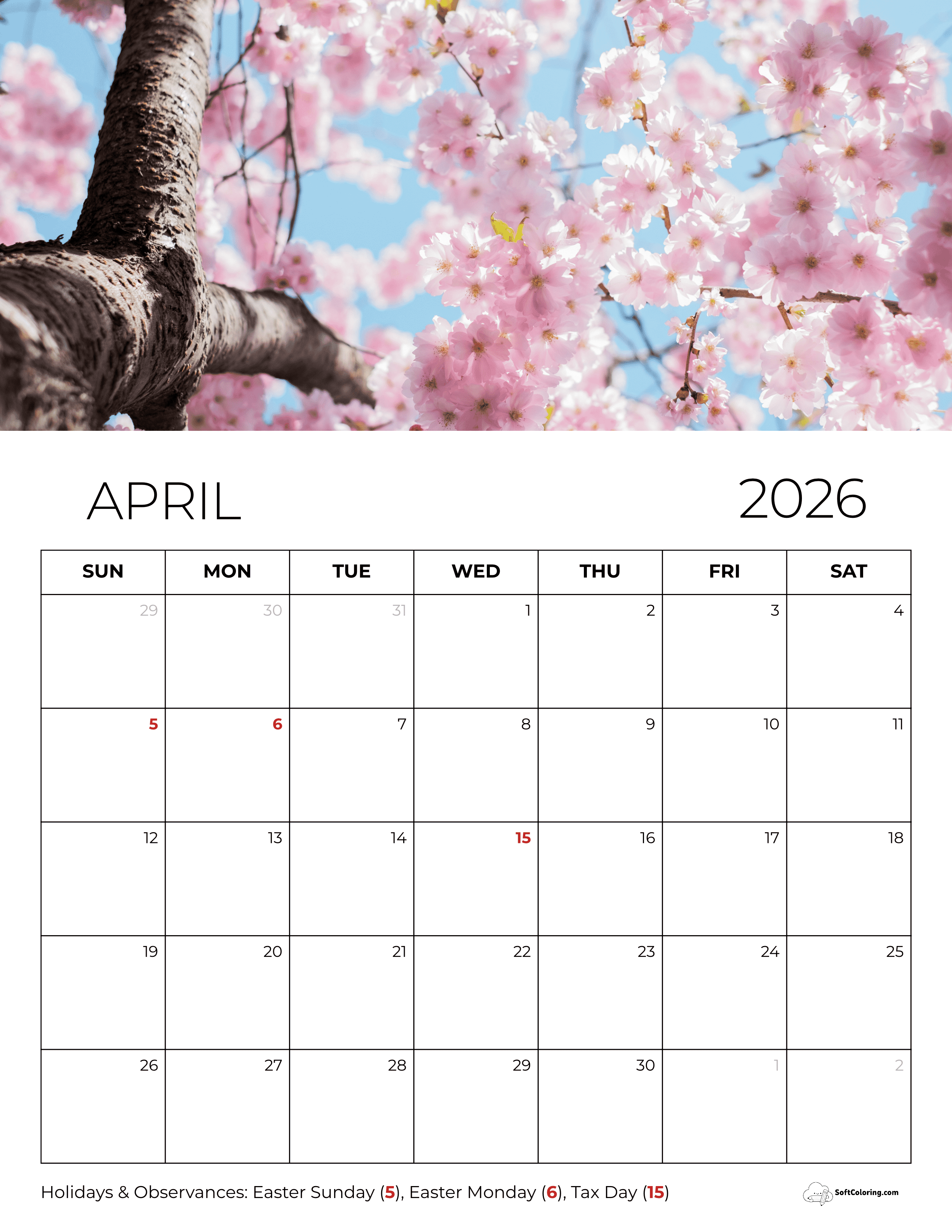 Cherry Blossoms Traditional Style Portrait April Calendar Template
