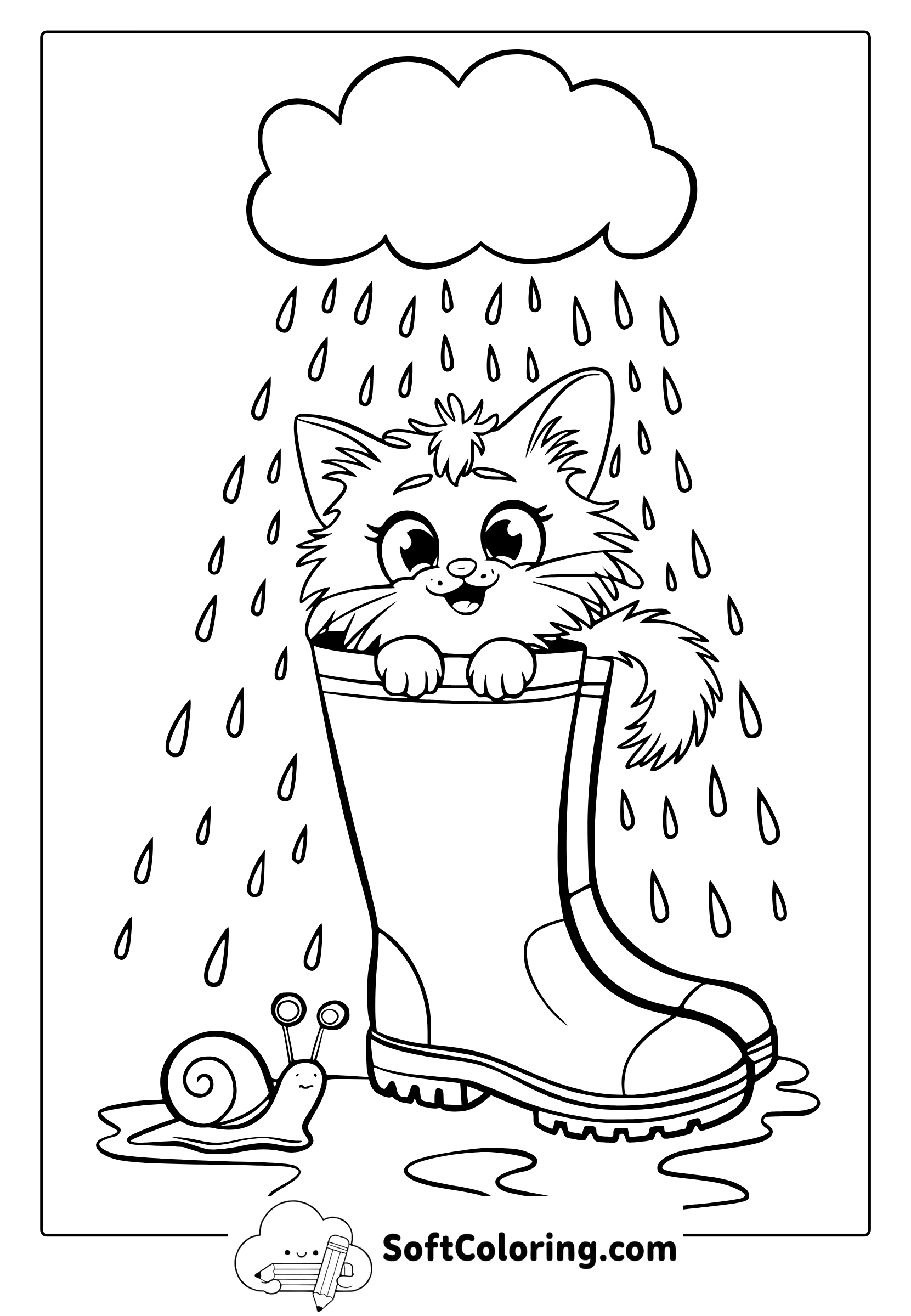 April Cozy Cat in the Rain Coloring Page