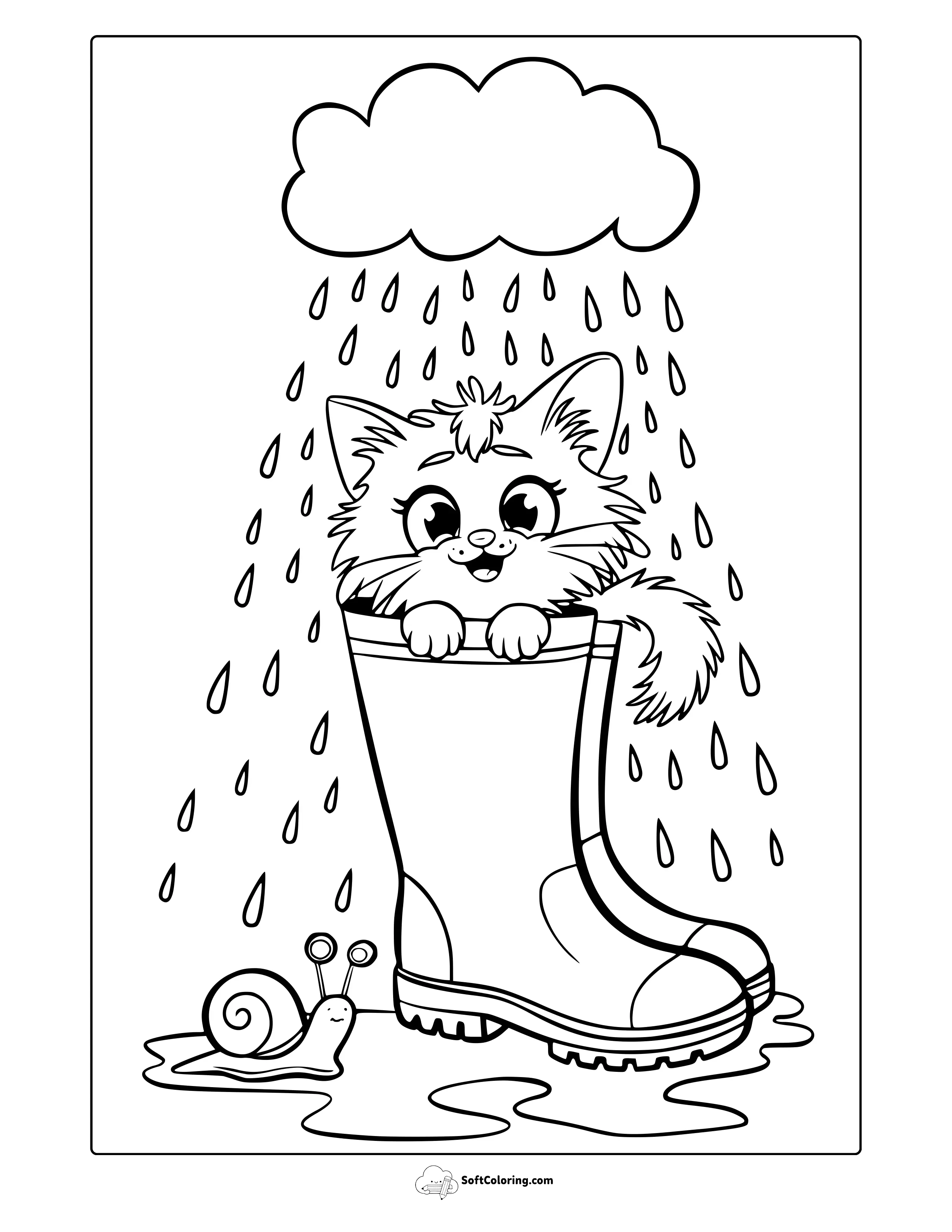 April Cozy Cat In The Rain Coloring Page