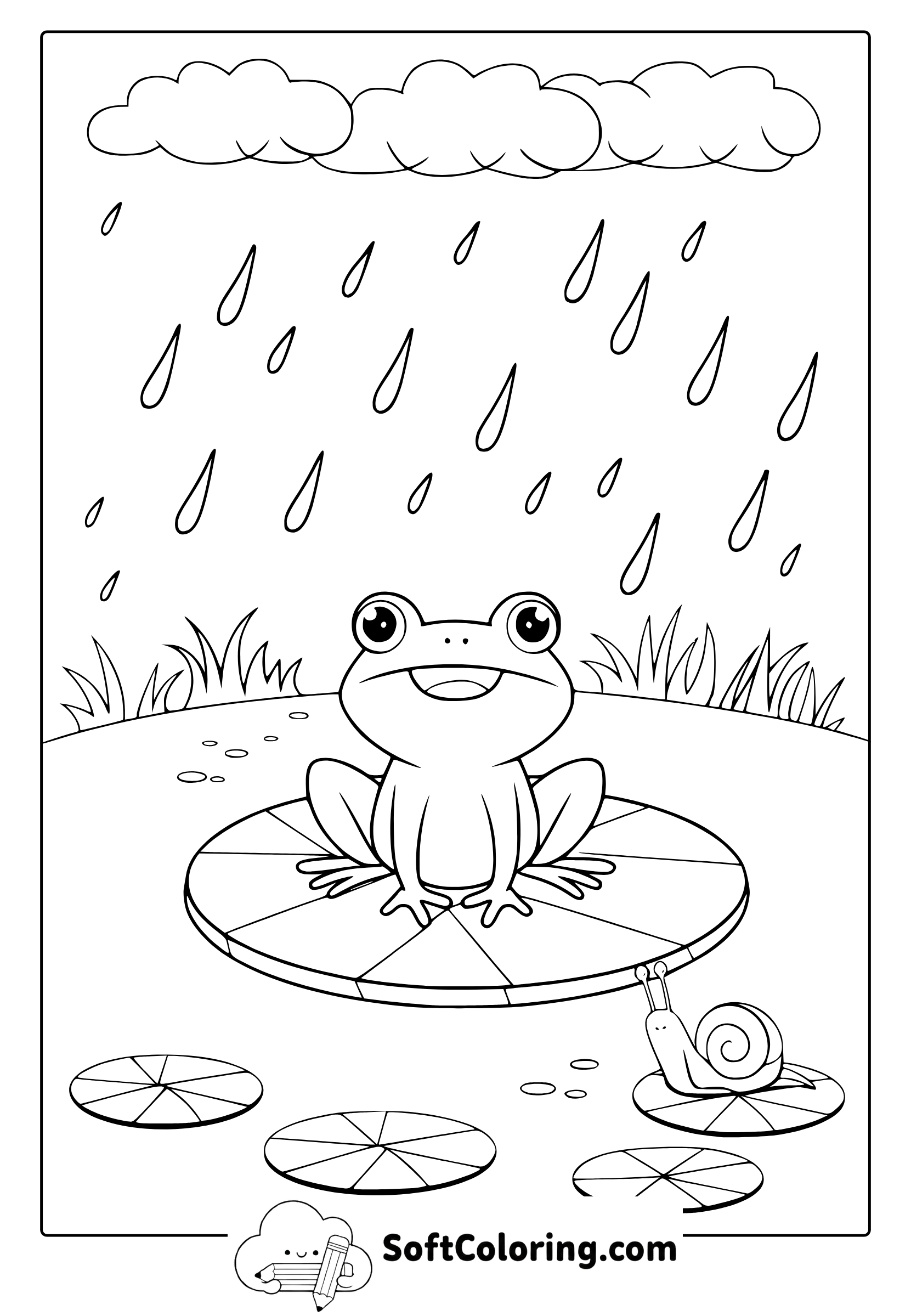 April Frog and Raindrops Coloring Page