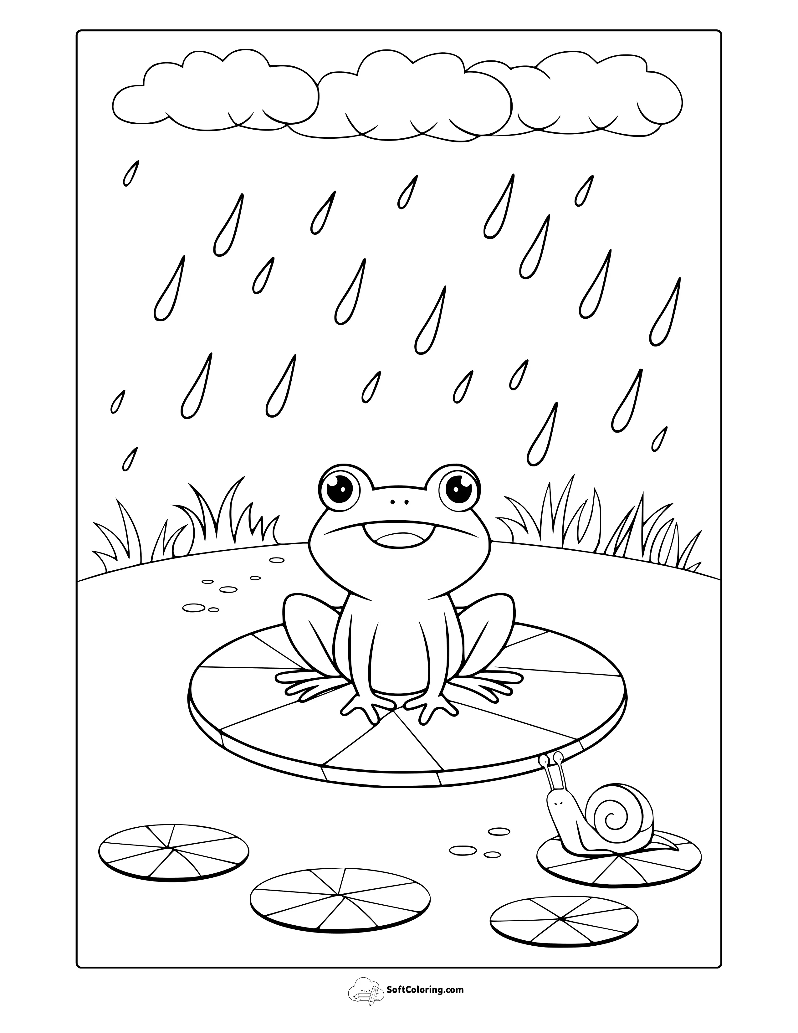 April Frog And Raindrops Coloring Page