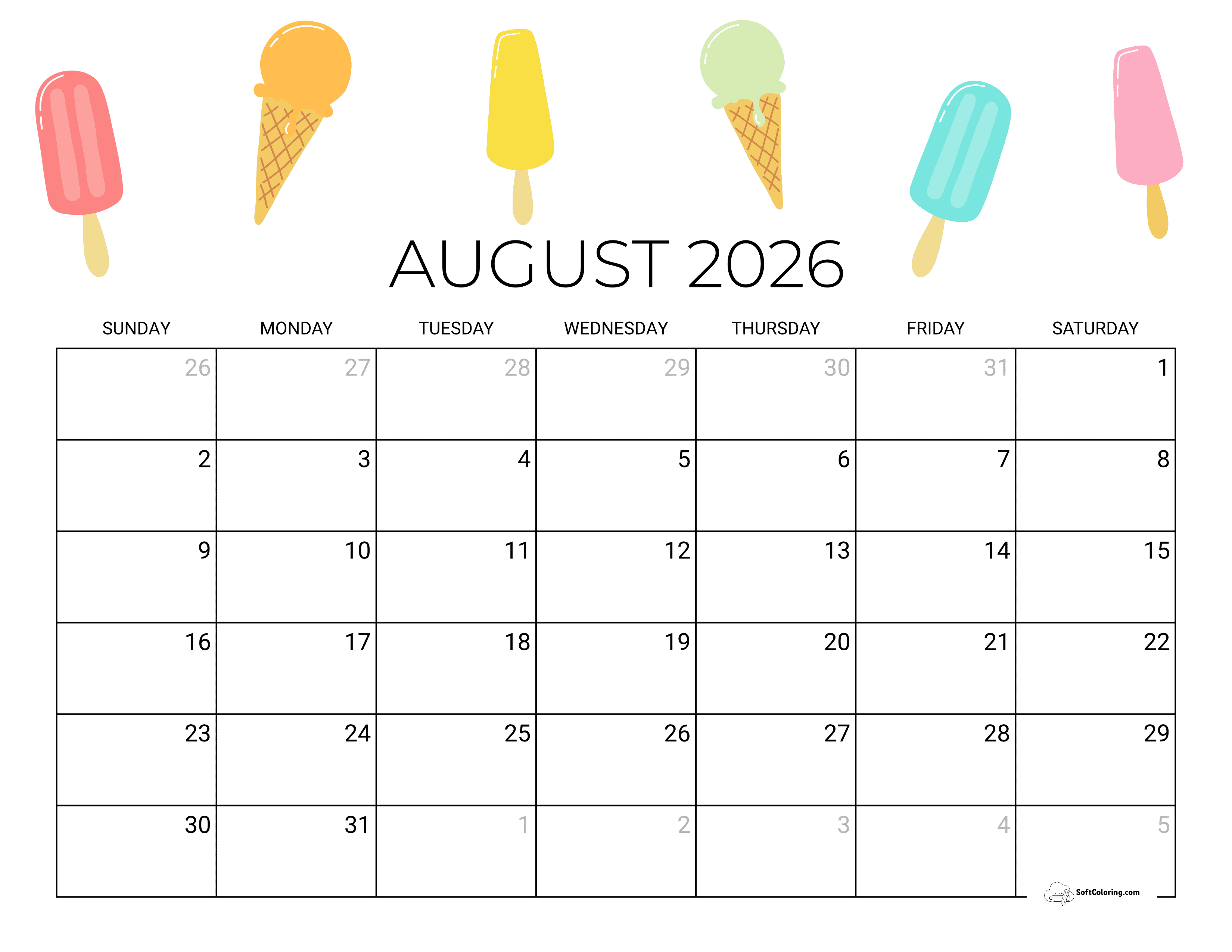 Ice Cream August 2026 Calendar