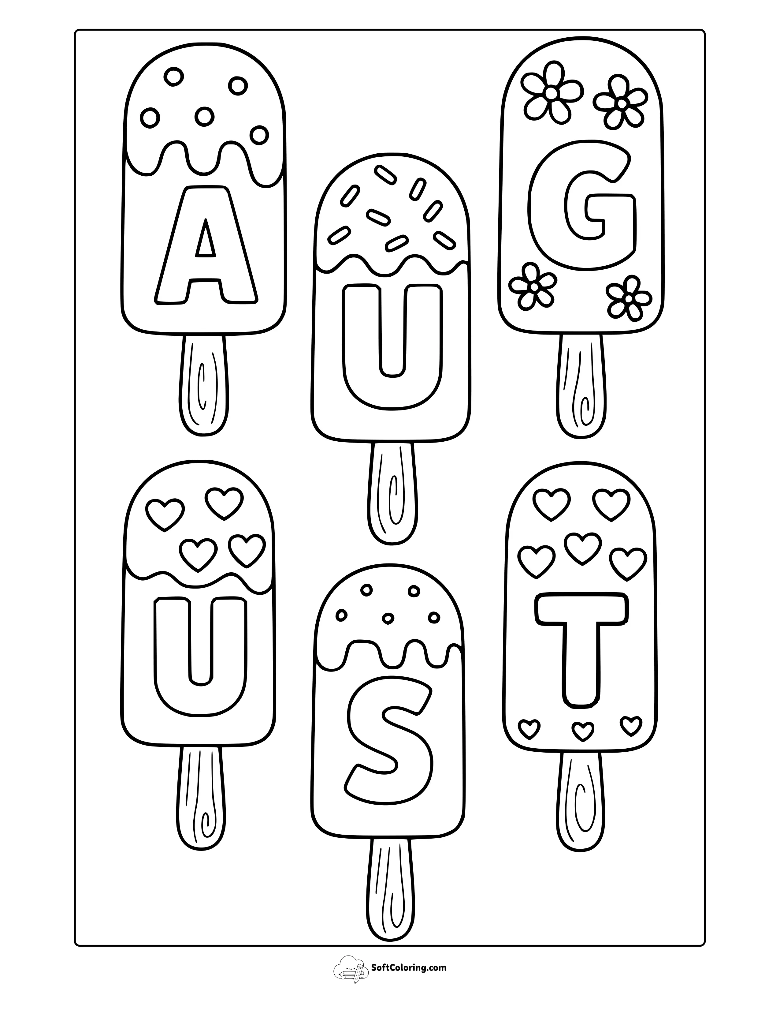 August Written Ice Creams Coloring Page